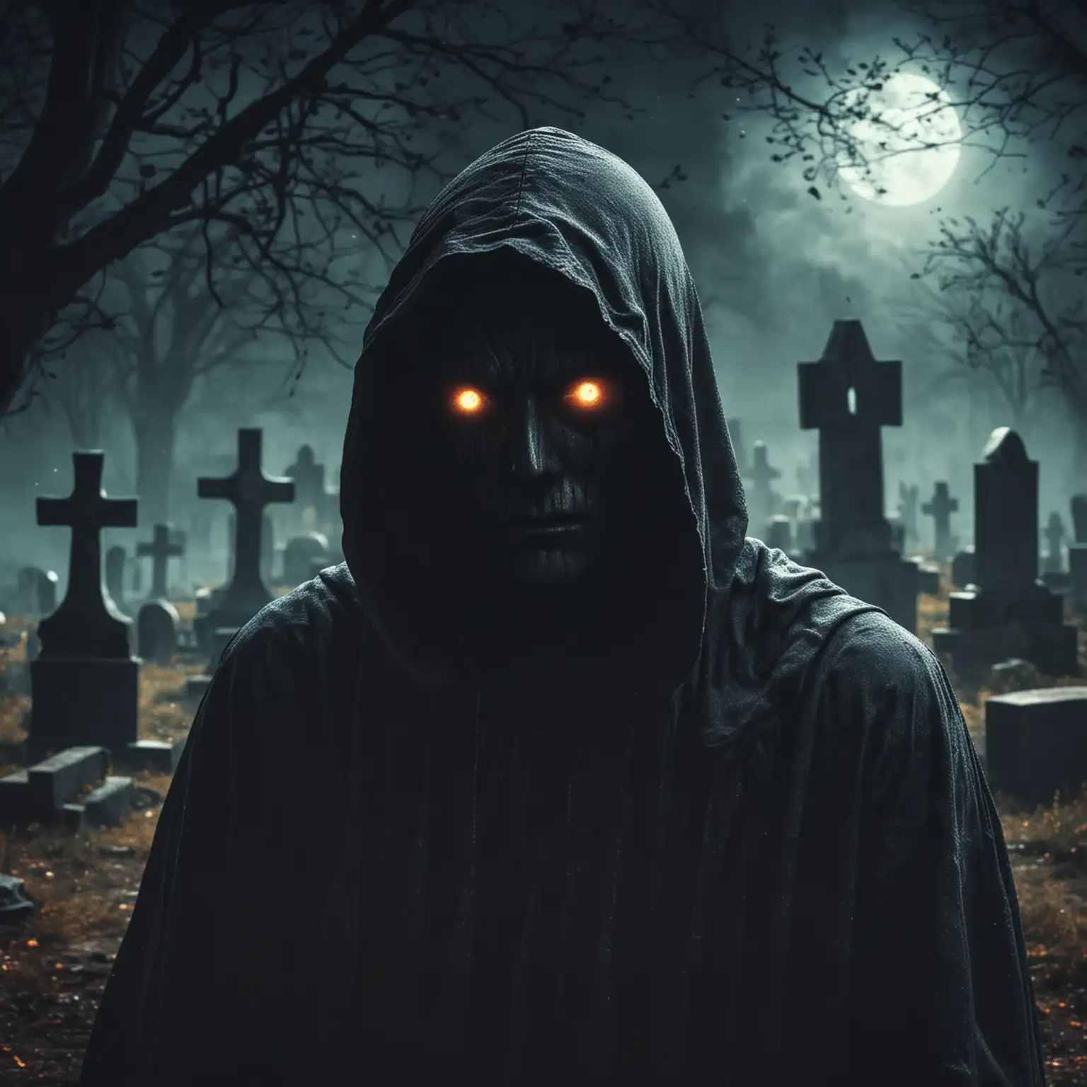 тайнствен образ с качулка без лице със светещи очи на гробищен фон