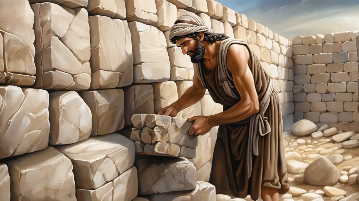 epoque biblique, un ouvrier hébreu en train de construire un mur en pierres, beau visage