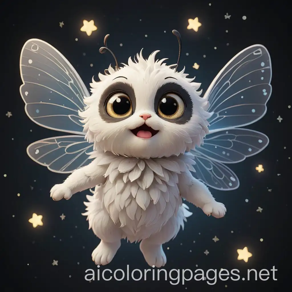 a small, winged creature with butterfly wings and a round, fluffy body, large cute eyes and tiny delicate antennae on top of its head that glow in the dark. The creature is happily flying among the stars and the shooting stars., Coloring Page, black and white, line art, white background, Simplicity, Ample White Space.