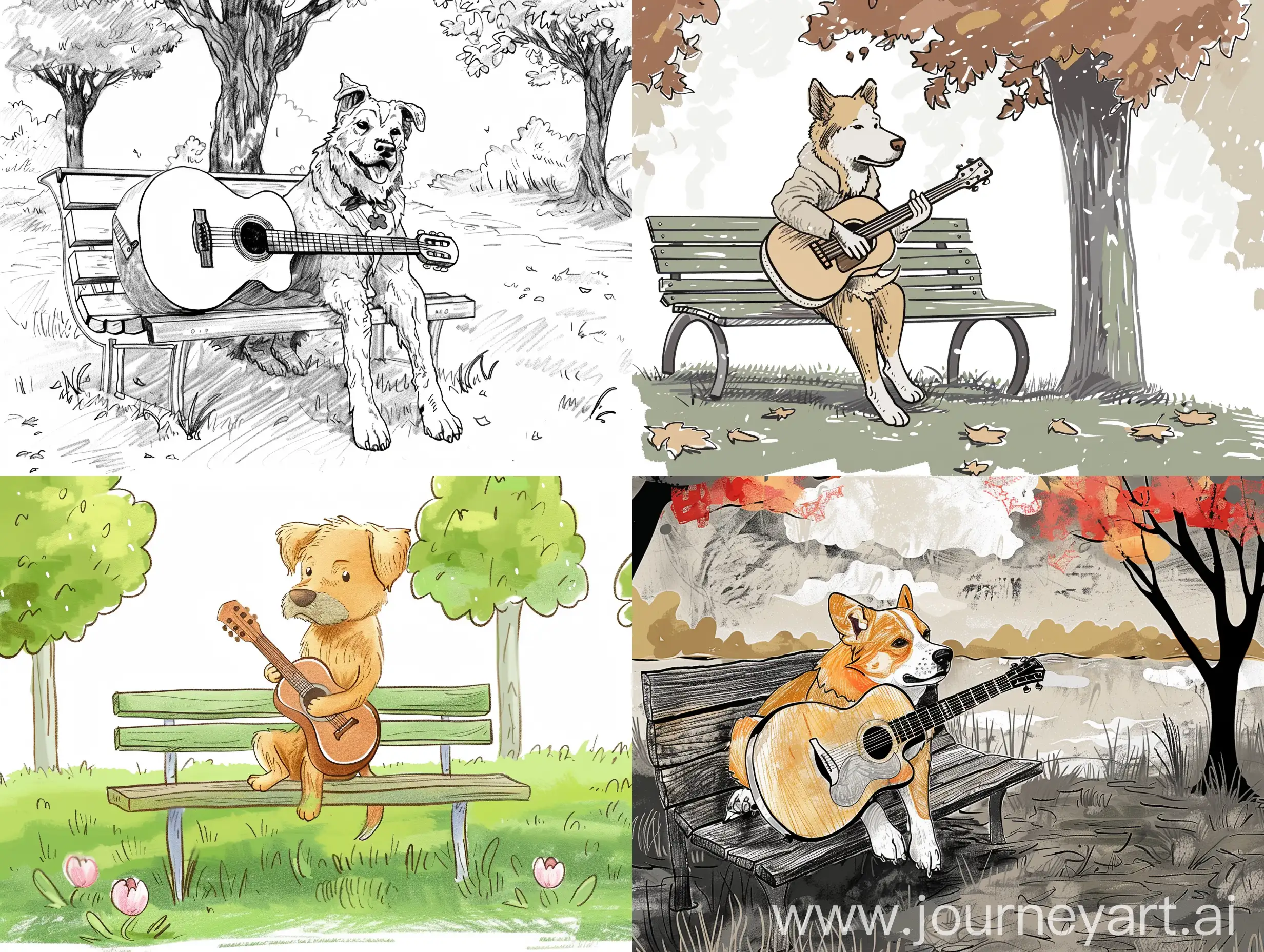 рисунок в графике собака играющая на гитаре на скамейке в парке