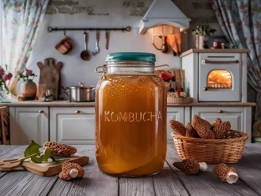Kombucha in a three-liter jar, modern Russian kitchen, a basket of morels on the table next to the jar, cottagecore aesthetics