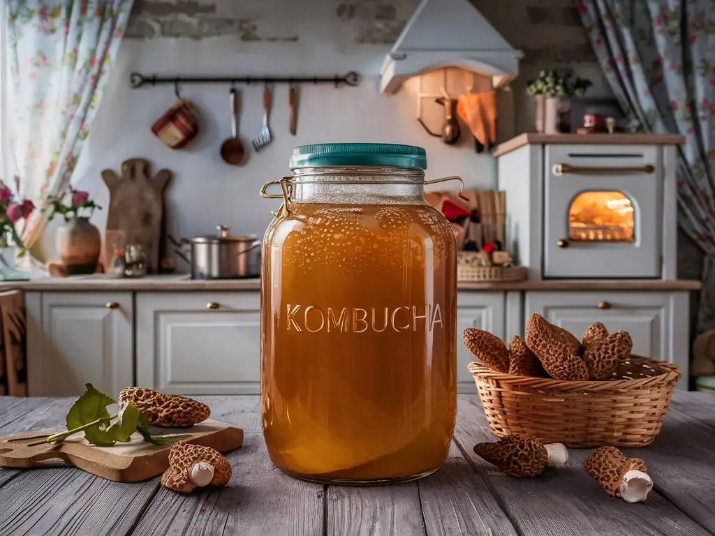 Kombucha in a three-liter jar, modern Russian kitchen, a basket of  morels on the table next to the jar, cottagecore aesthatics