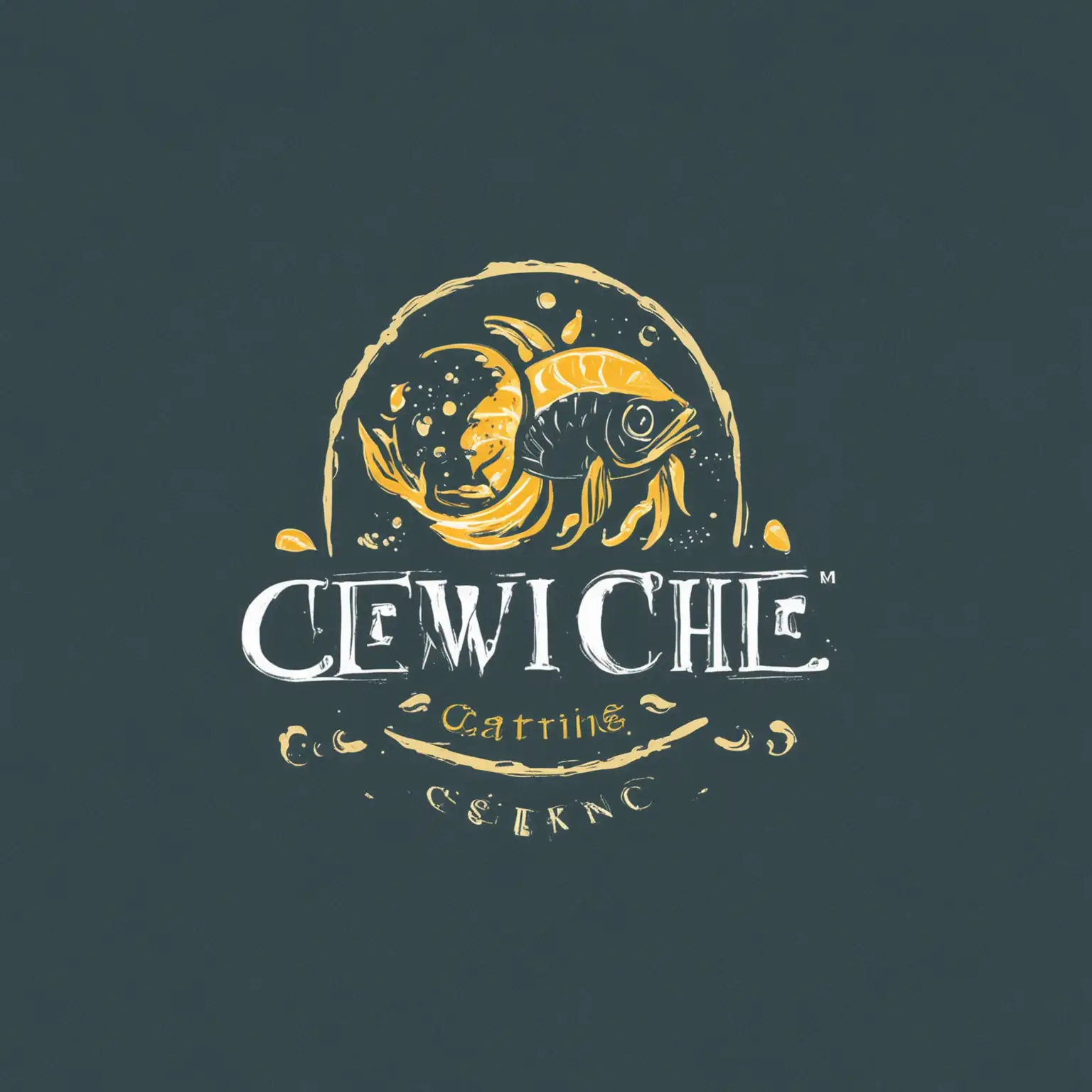 Design a logo for a ceviche seafood catering business. The logo should be simple, minimalist, and attractive. Incorporate elements of seafood, such as fish, shrimp, or citrus slices. Use a clean, modern font for the business name. The color palette should include shades of blue to represent the ocean, with hints of yellow or green to suggest freshness and citrus. Ensure the overall design is elegant and professional, suitable for a catering business