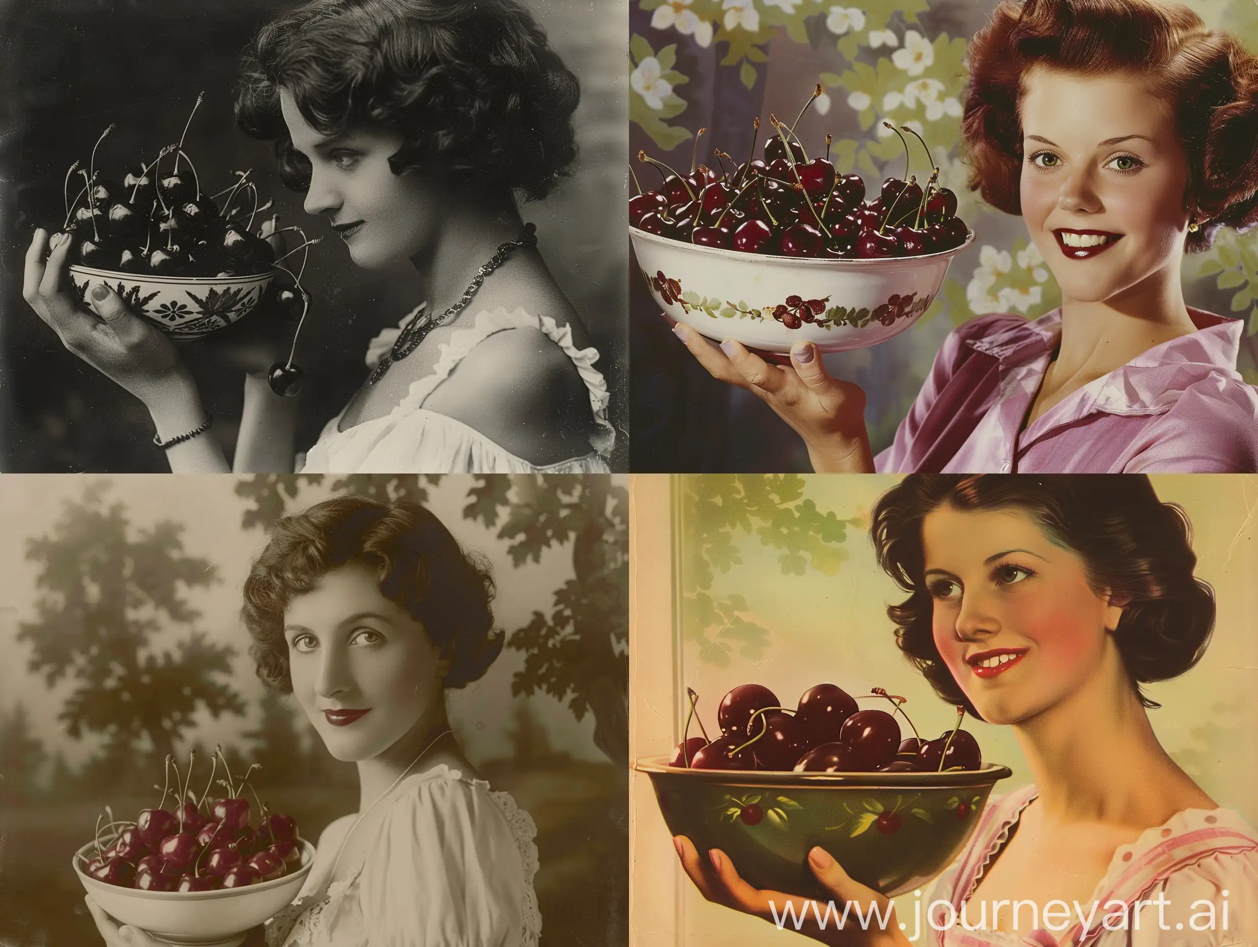 Real advertising photo of a lady holding a bowl of cherries