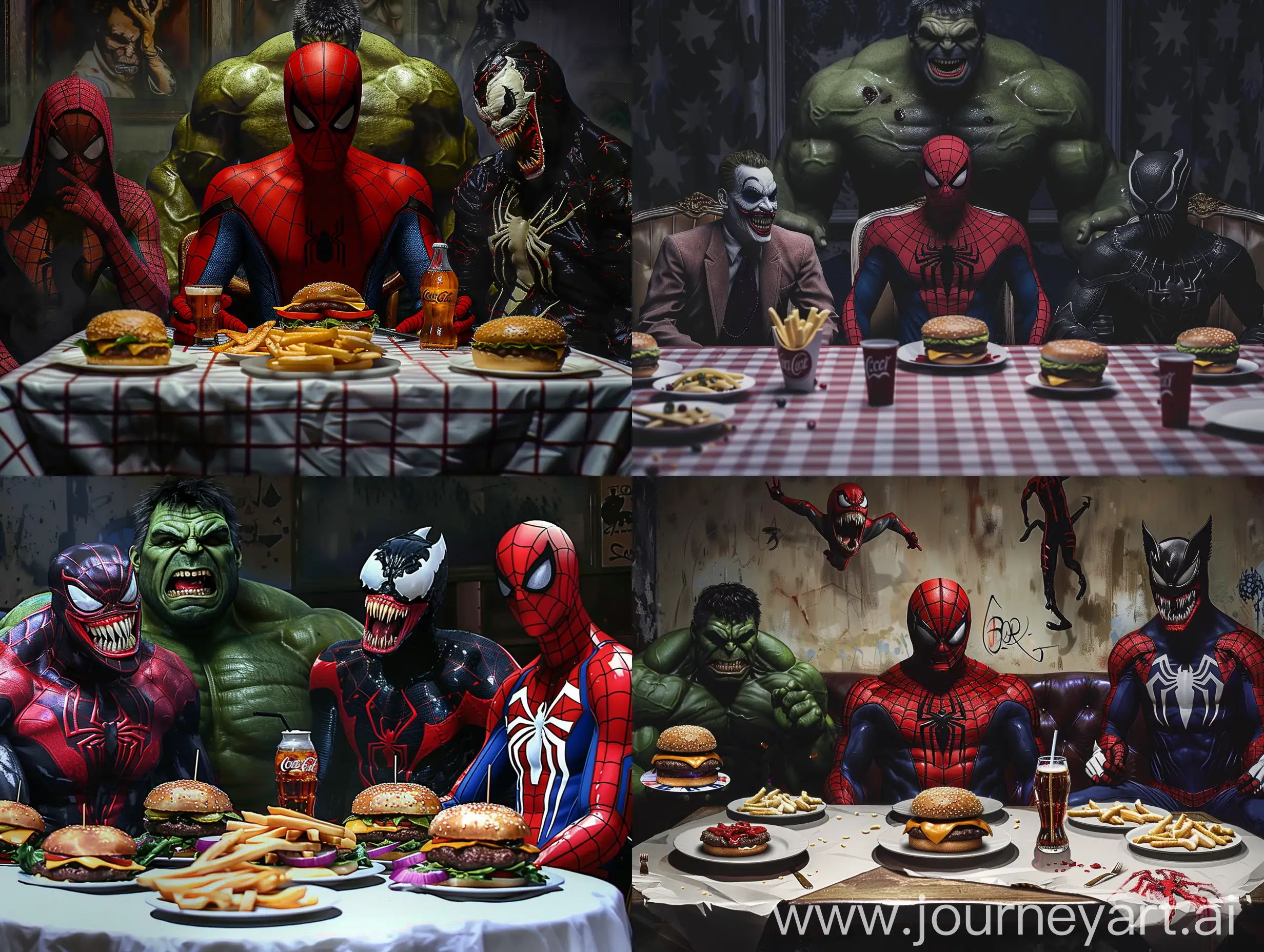 Superheroes-Enjoying-Fast-Food-Feast-with-Hyper-Realistic-Detail