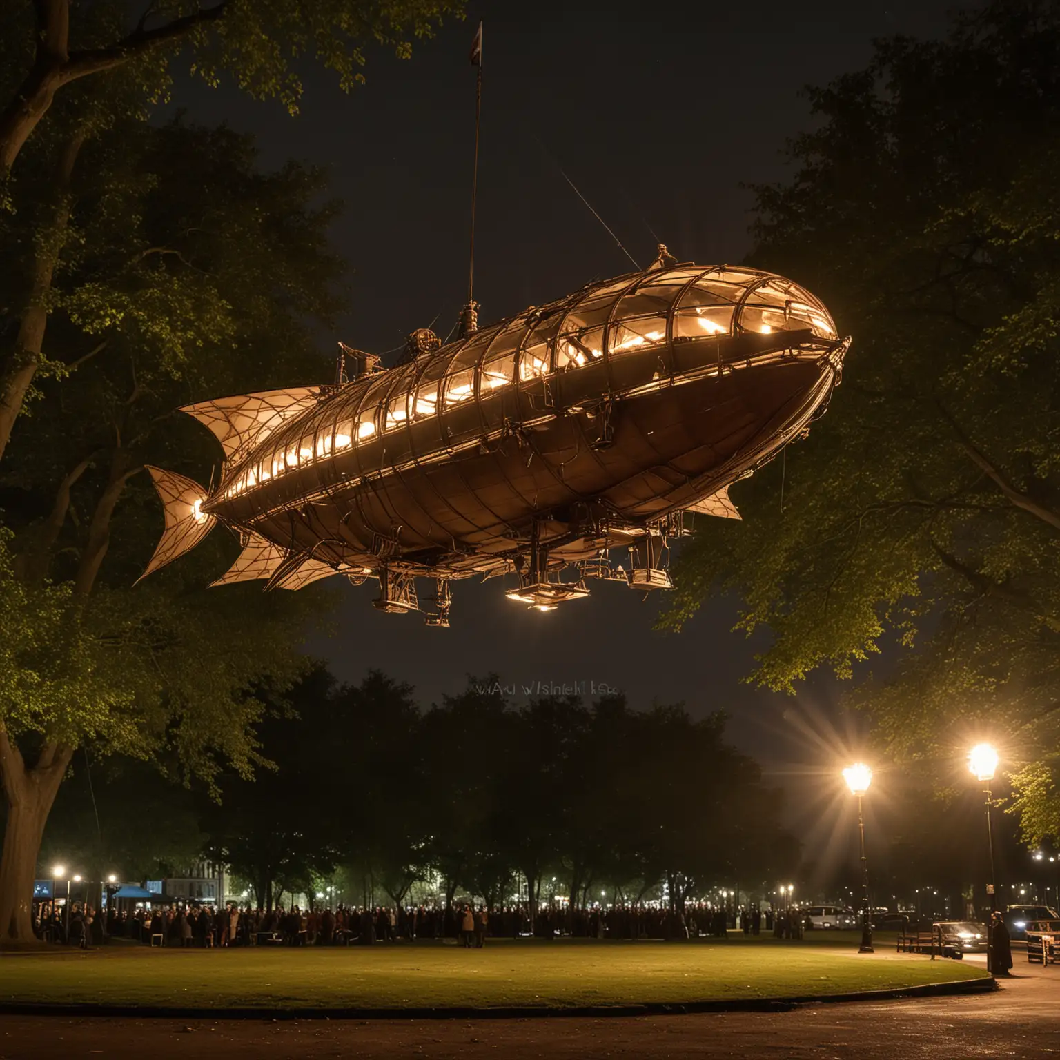 A small Steampunk airship, suitable for 6 people and shaped like a sleek fish, floating at its mast in Victorian Hyde park. It’s lit from below by spotlights on the ground, at nighttime 