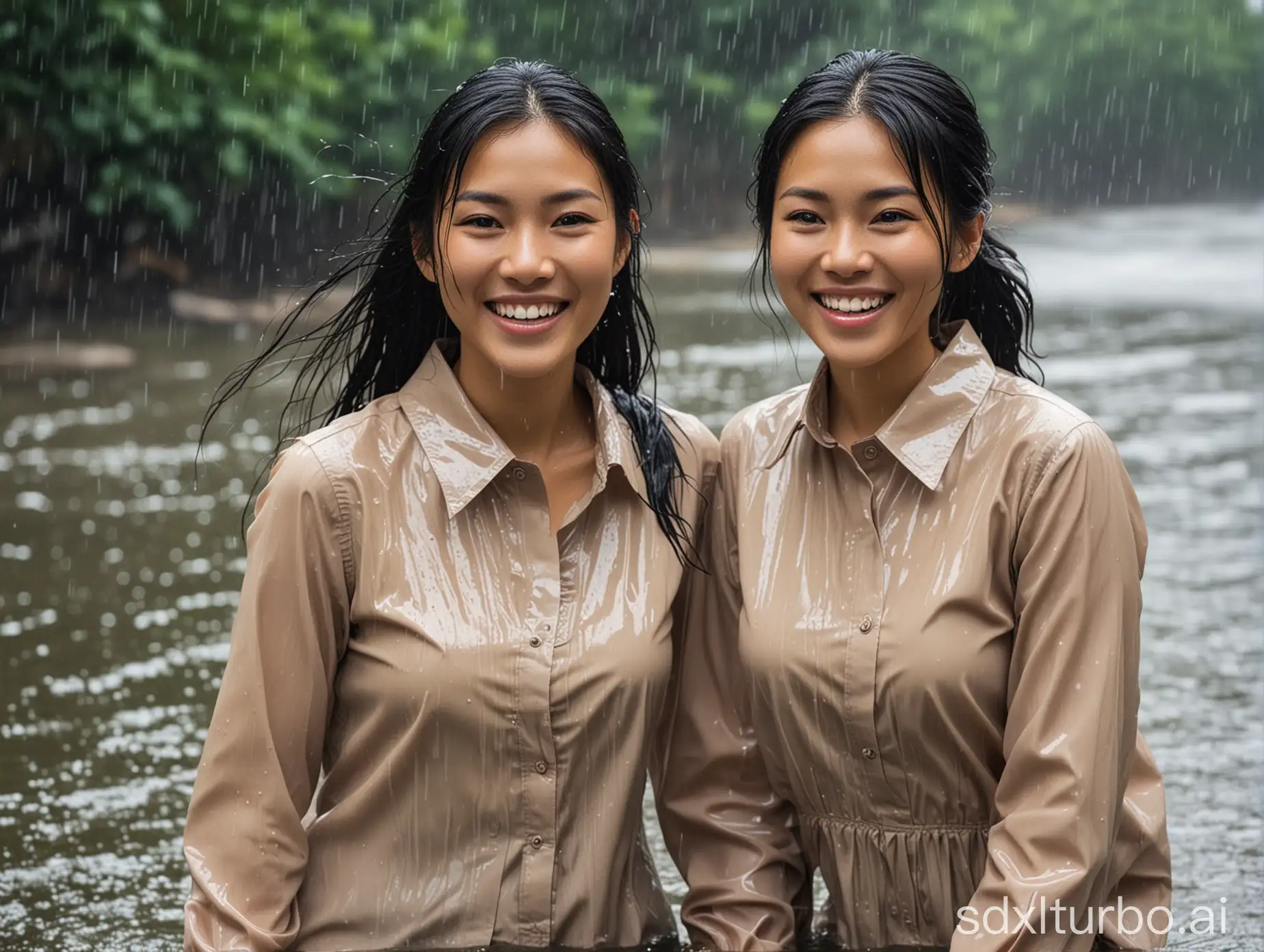 2 smiling Asian and black-headed women in their 30s, wearing long sleeve wet button front blouses with collar, in pouring rain, in river, dripping wet, wet hair