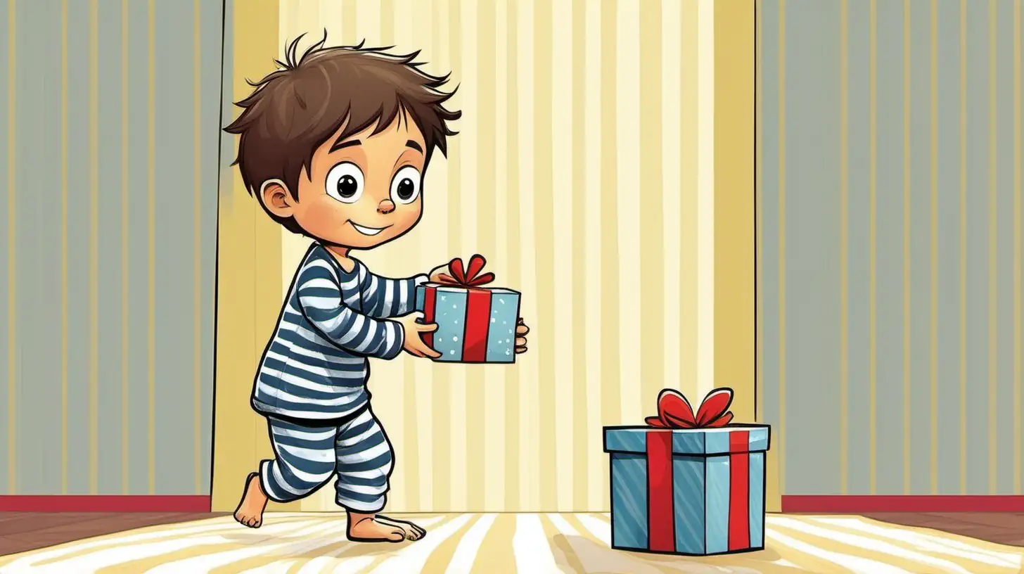 cartoon style  a little boy in striped pj's  picks up gift