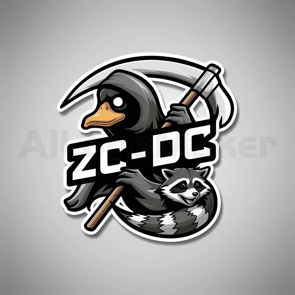 a logo design,with the text "ZC-DC", main symbol:duck reaper and raccoon,complex,clear background