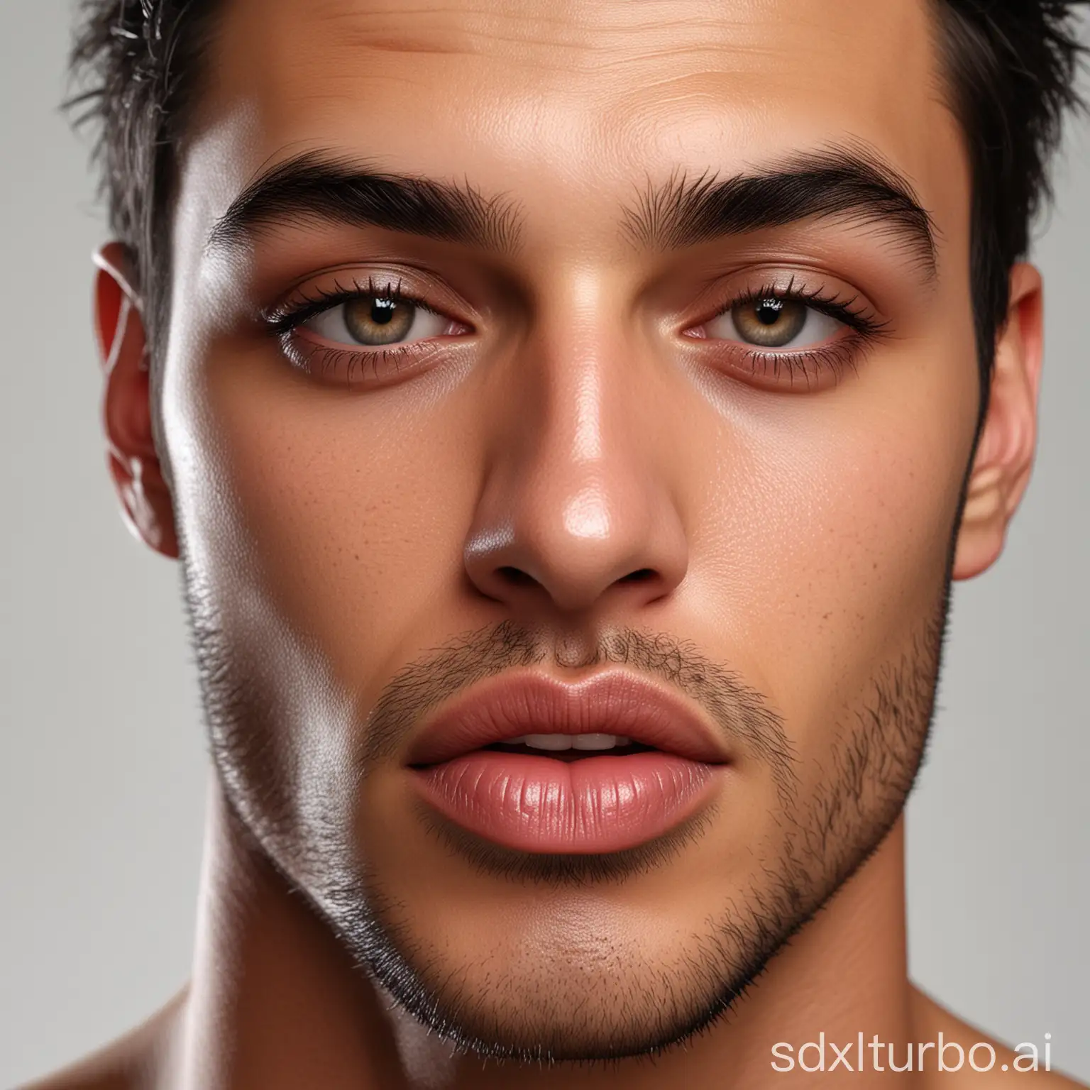 first pov towards mirror ,male model, realistic, features, extreme skin and texture detail, huge lips, face, masculine face traits, latino men
 alpha male, handsome, face portrait, perfect face, studio light, photo realistic, with a white background
