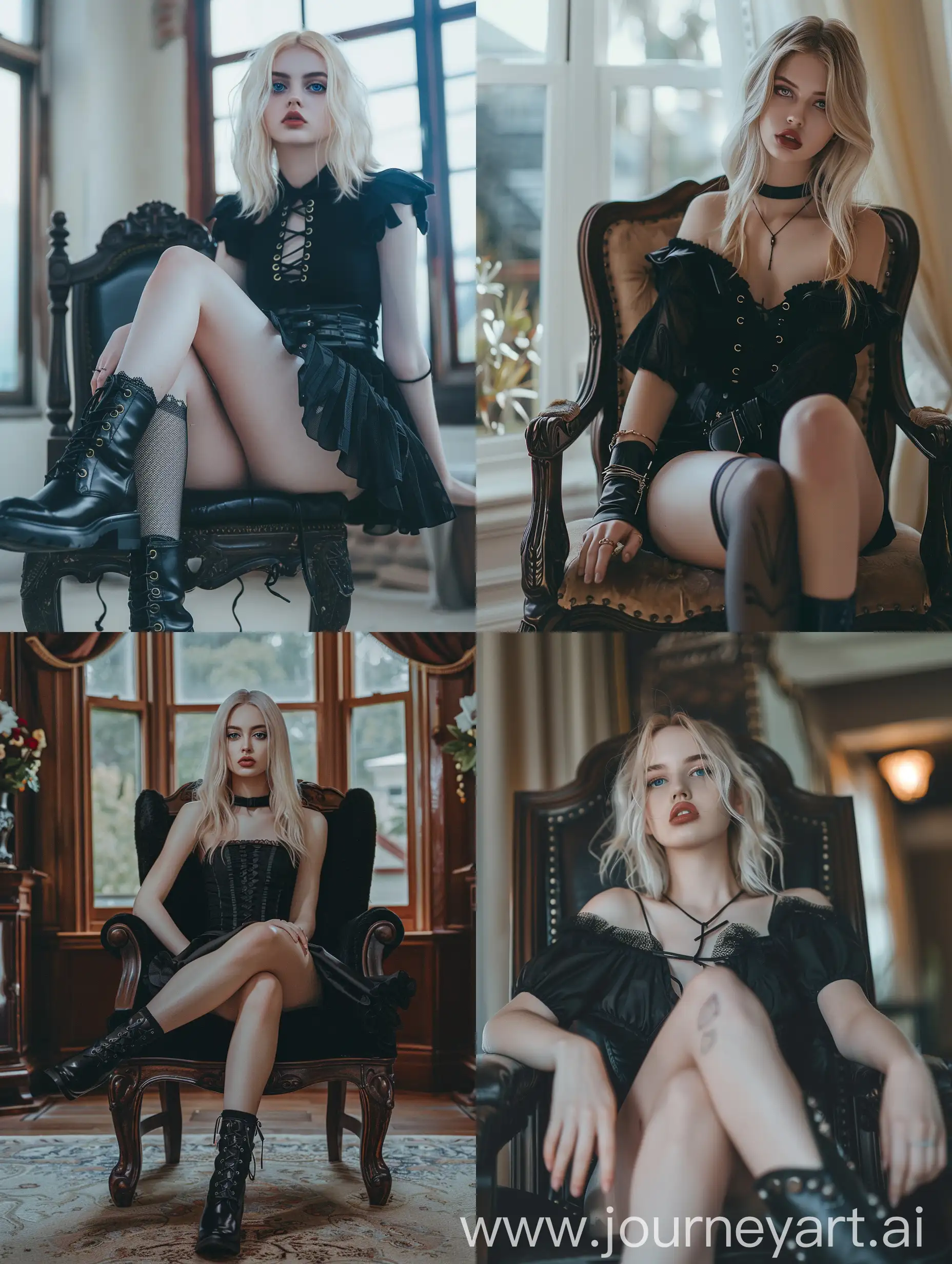 a blonde young woman, 20 years old, influencer, beauty, black dress, gothic, , makeup,, ,, black boots, ,sitting on chair, ,fat legs, , socks and boots, 4k, sitting on chair, blue eye, , , , close up, front view, no filters, no effects, natural,