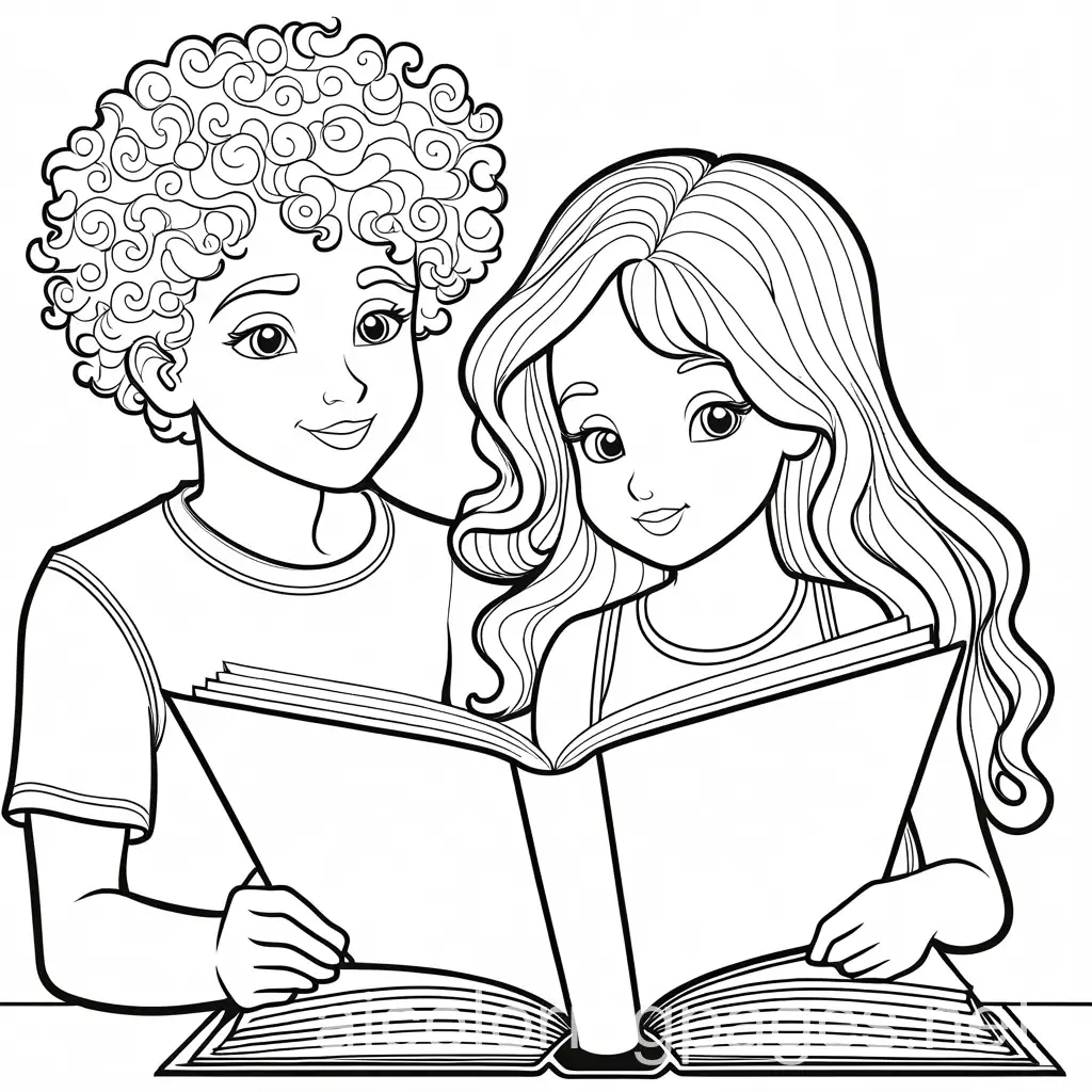 young boy with curly hair beside a young girl with long straight hair reading a large book: coloring page, coloring page, black and white, line art, white background, simplicity, ample white space. The background of the coloring page is plain white to make it easy for young children to color within the lines. The outlines of all the subjects are easy to distinguish, making it simple for kids to color without too much difficulty