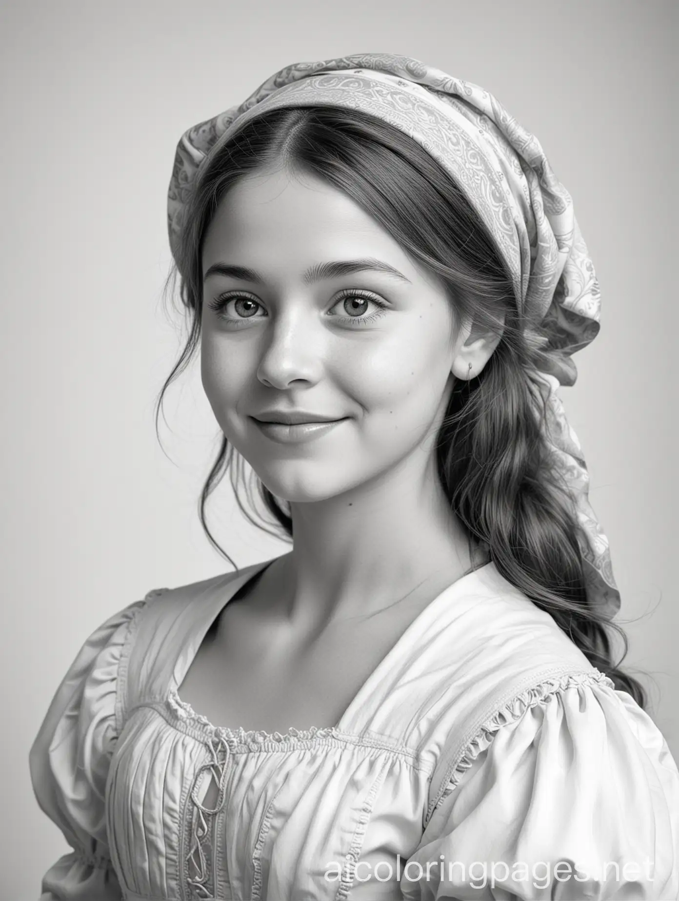 Portrait of a mischievous renaissance peasant girl amidst familiar domestic surroundings, Coloring Page, black and white, line art, white background, Simplicity, Ample White Space. The background of the coloring page is plain white to make it easy for young children to color within the lines. The outlines of all the subjects are easy to distinguish, making it simple for kids to color without too much difficulty