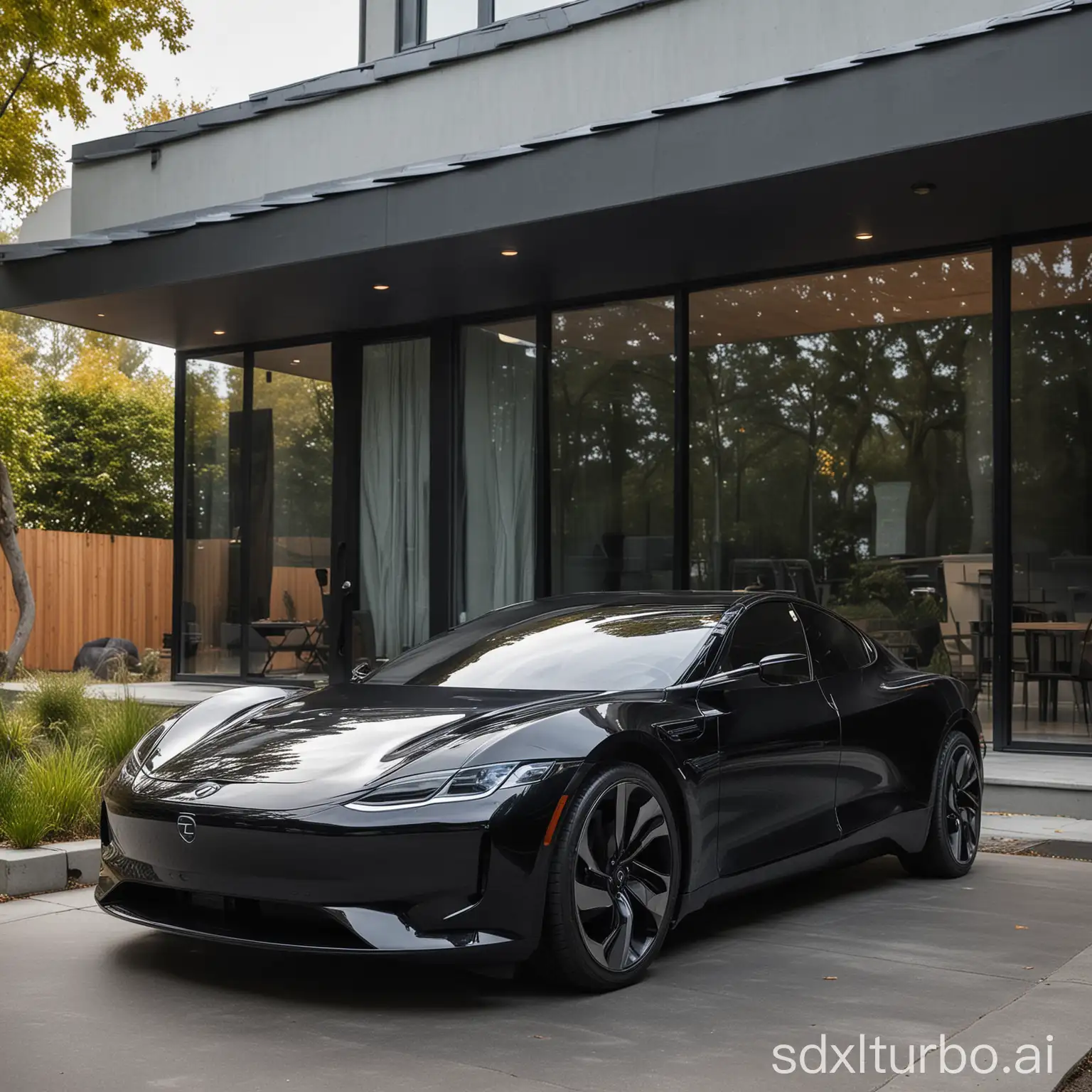 A sleek, black electric car is parked in front of a modern home. The car is made of a shiny, metallic material and has a sleek, aerodynamic design. The car's windows are tinted and the license plate is obscured.