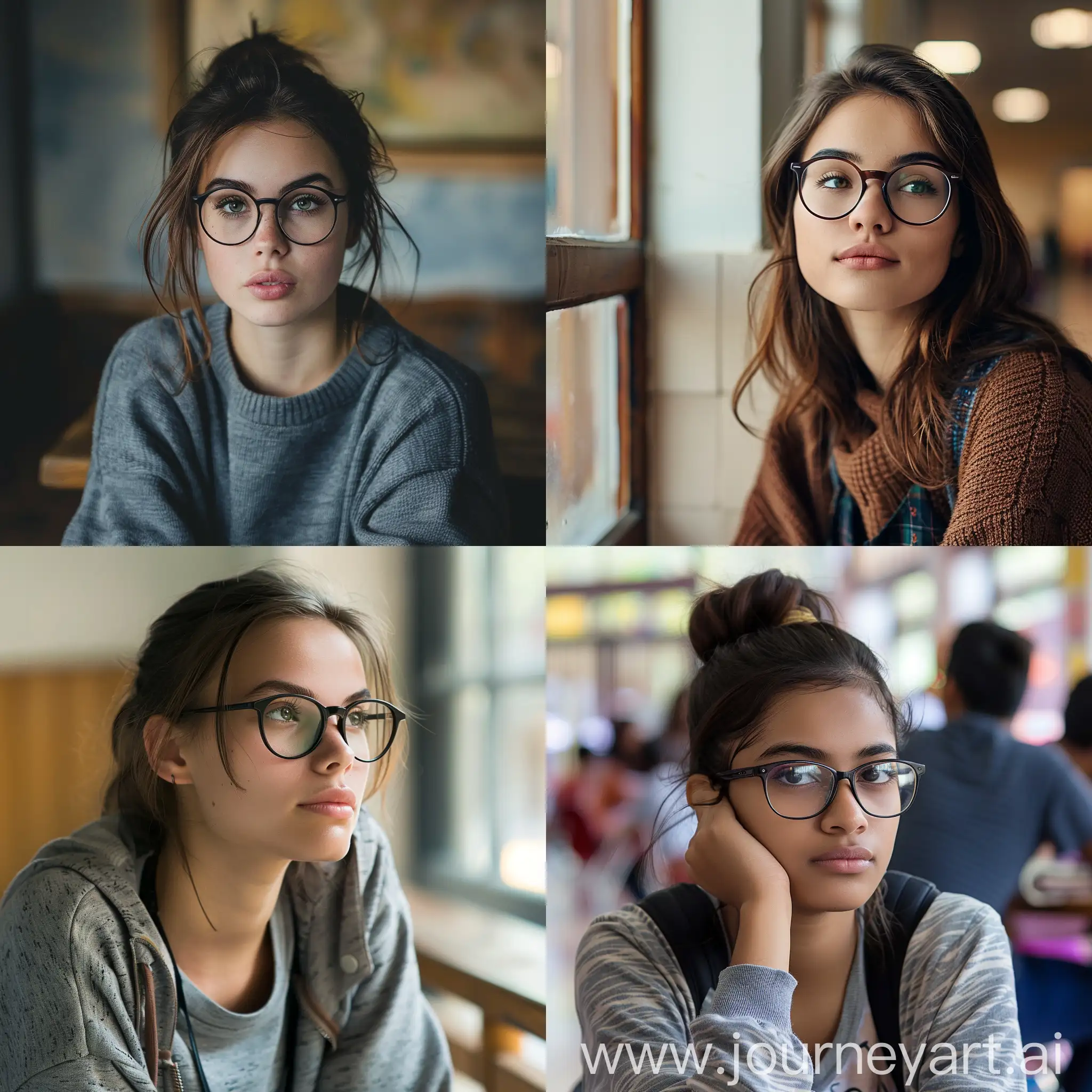一位年轻在校戴眼镜的文静女大学生