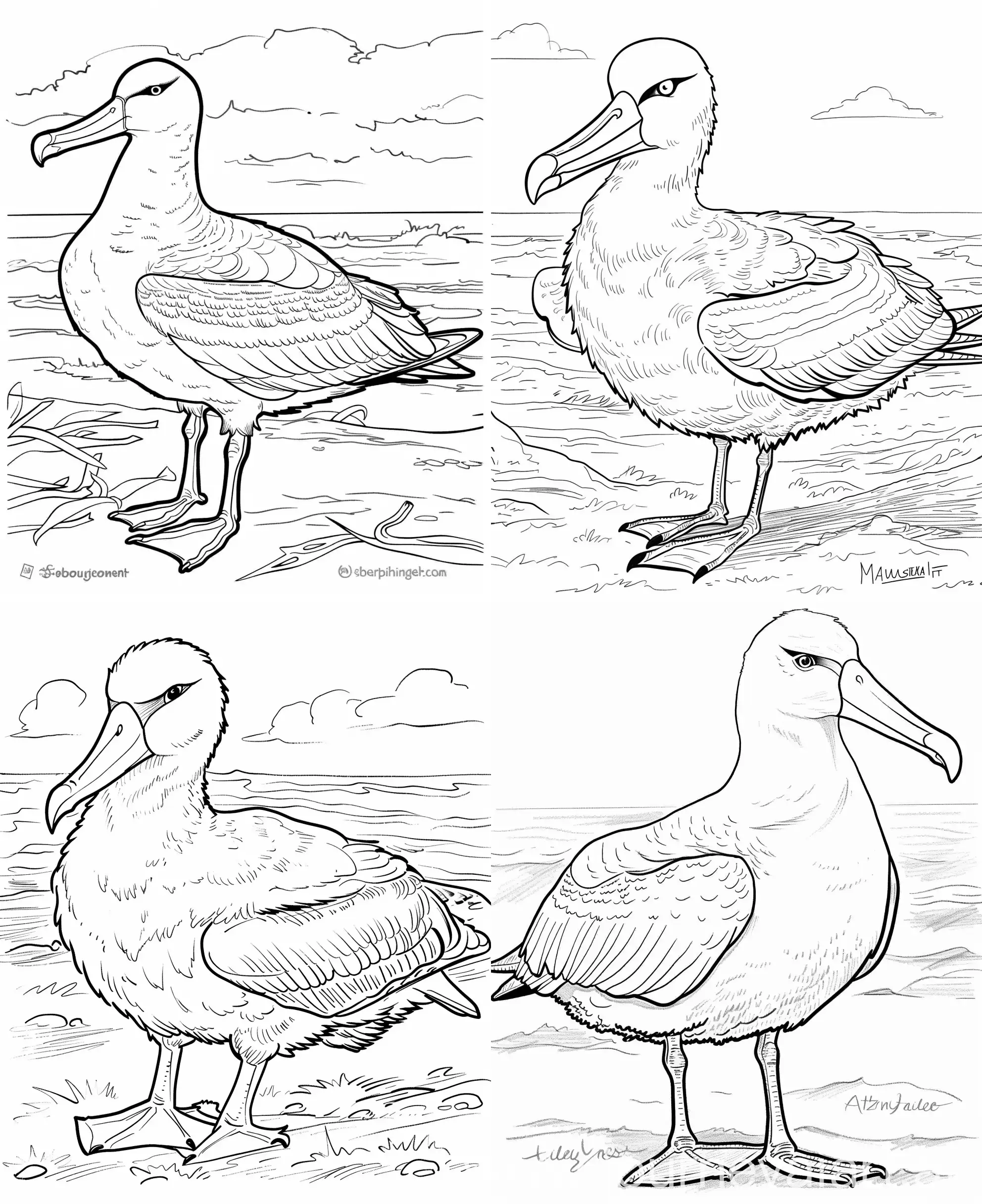 Coloring page of a cute Albatross, use clean lines and leave plenty of white space for coloring, simple line art, one line art, clean and minimalistic line, --ar 9:11 