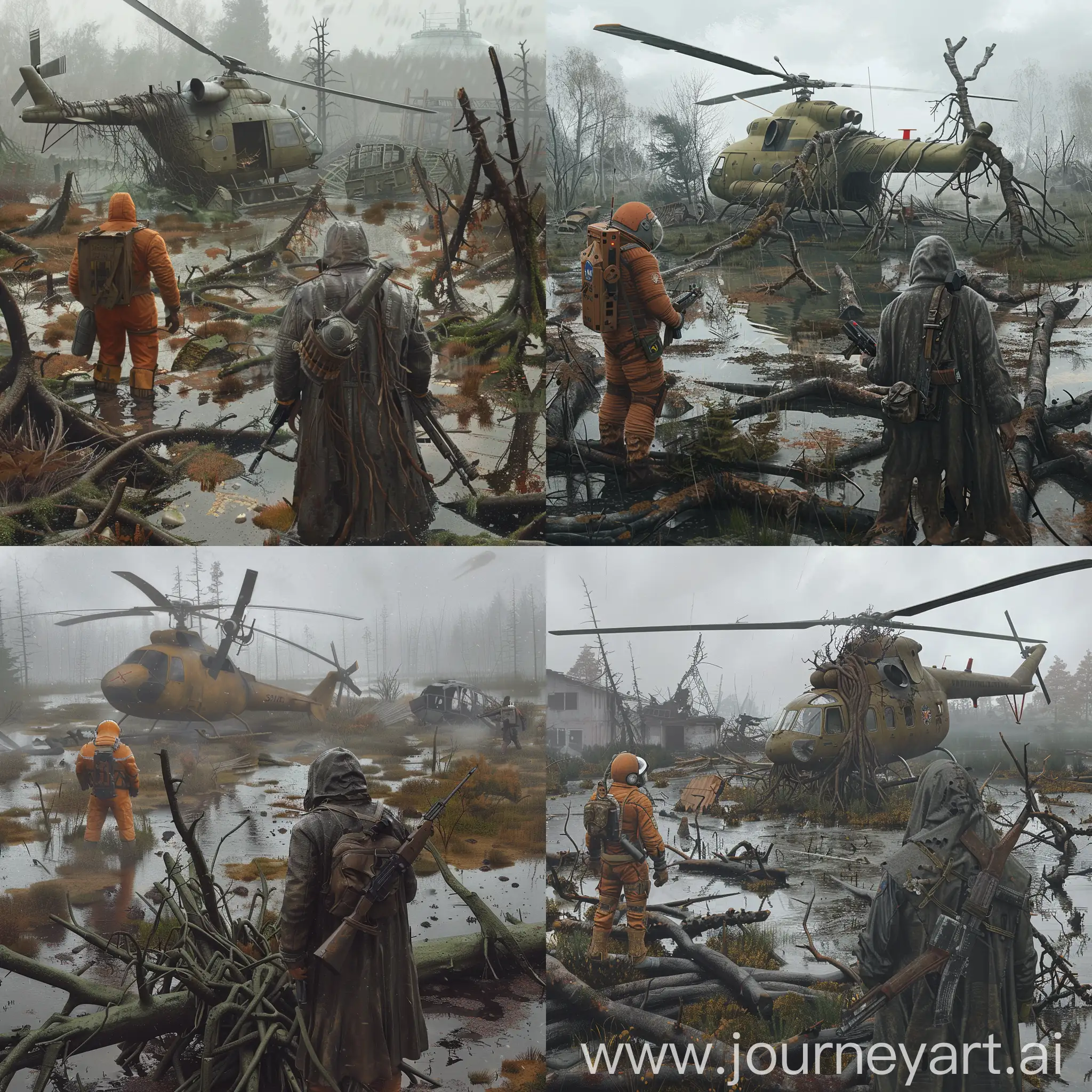 S.T.A.L.K.E.R. art, a dirty toxic swamp, abandoned Chernobyl, an abandoned village, a military helicopter that is wrapped in roots and destroyed, 2 characters, the first character is dressed in an orange Soviet space suit, in front of this character is a stalker in a dark gray dirty leather raincoat with a gas mask on his face with a small backpack on his back and with a Dragunov SVD sniper rifle in his hands, the weather is a gloomy autumn.