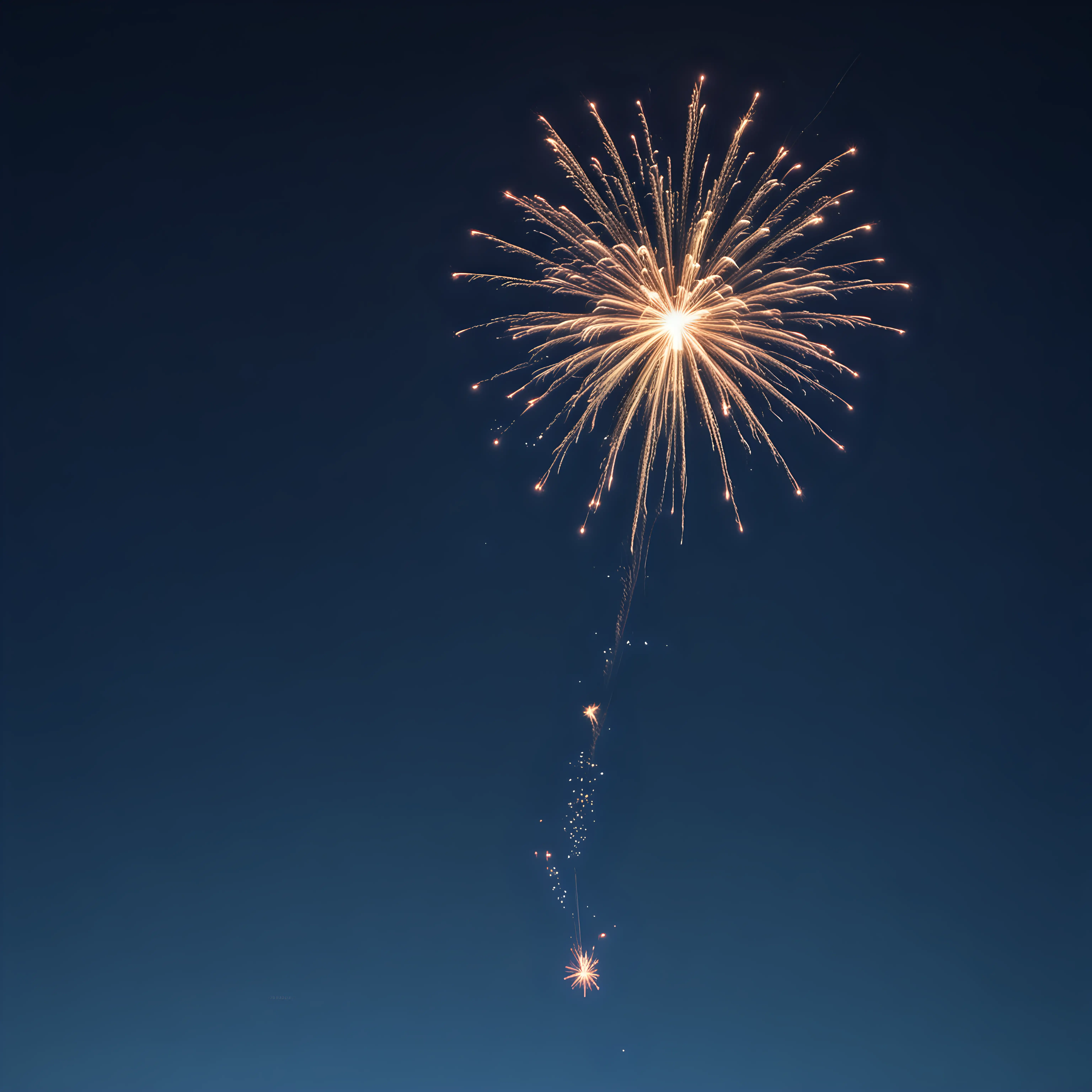 one small glowing firework on a natural darkish bold blue sky background with dimension to it and with no ground