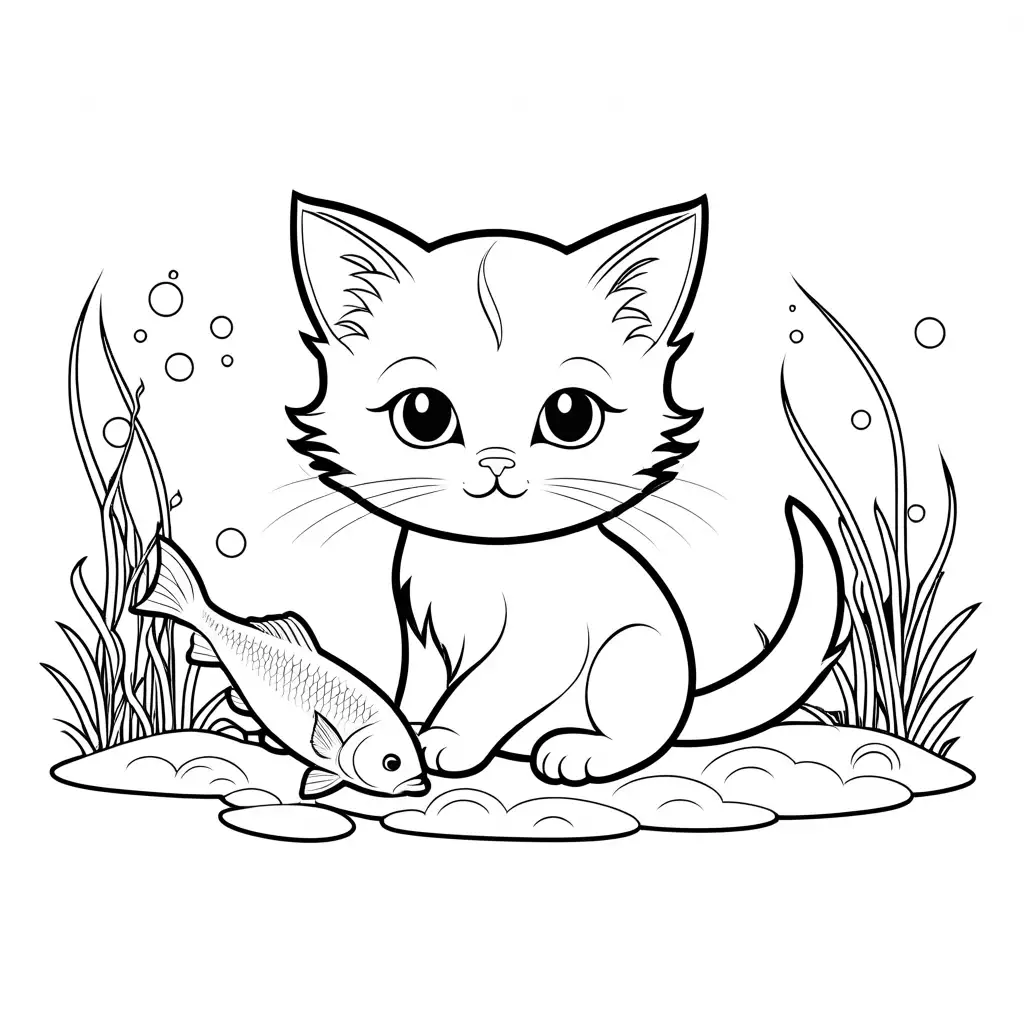 Cute kitten eating fish, Coloring Page, black and white, line art, white background, Simplicity, Ample White Space. The background of the coloring page is plain white to make it easy for young children to color within the lines. The outlines of all the subjects are easy to distinguish, making it simple for kids to color without too much difficulty