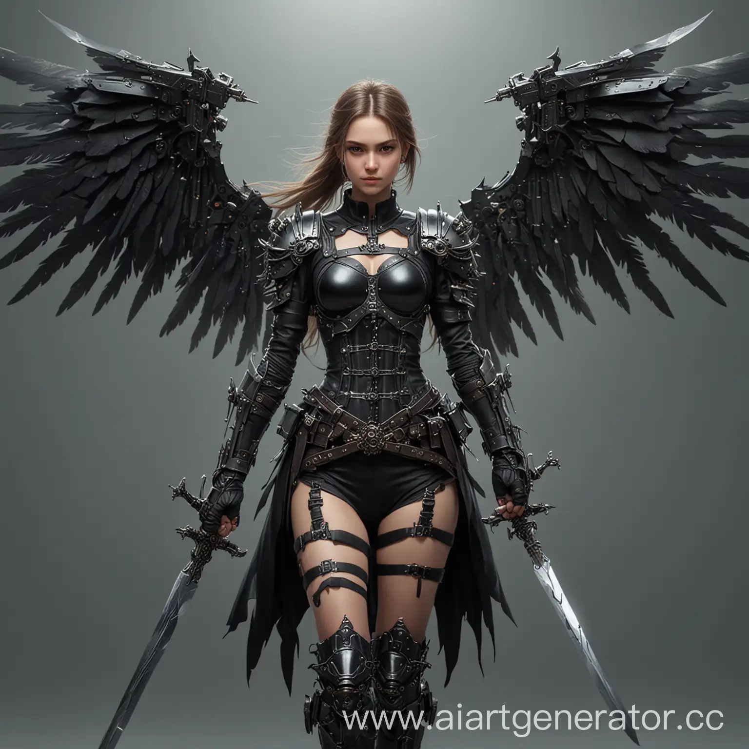 Девушка в чёрной одежде с механическими крыльями и двумя мечами за спиной