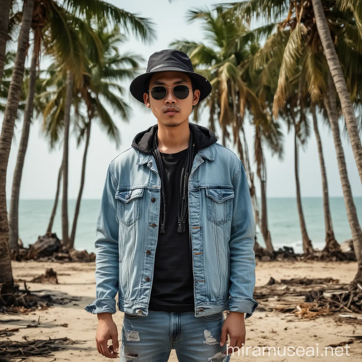 Nikon camera result: an Asian man wearing a black bucket hat, black loci sunglasses, light blue ripped jeans jacket and jeans standing by the beach with coconut trees in the daytime, very detailed, very clear, high resolution.
