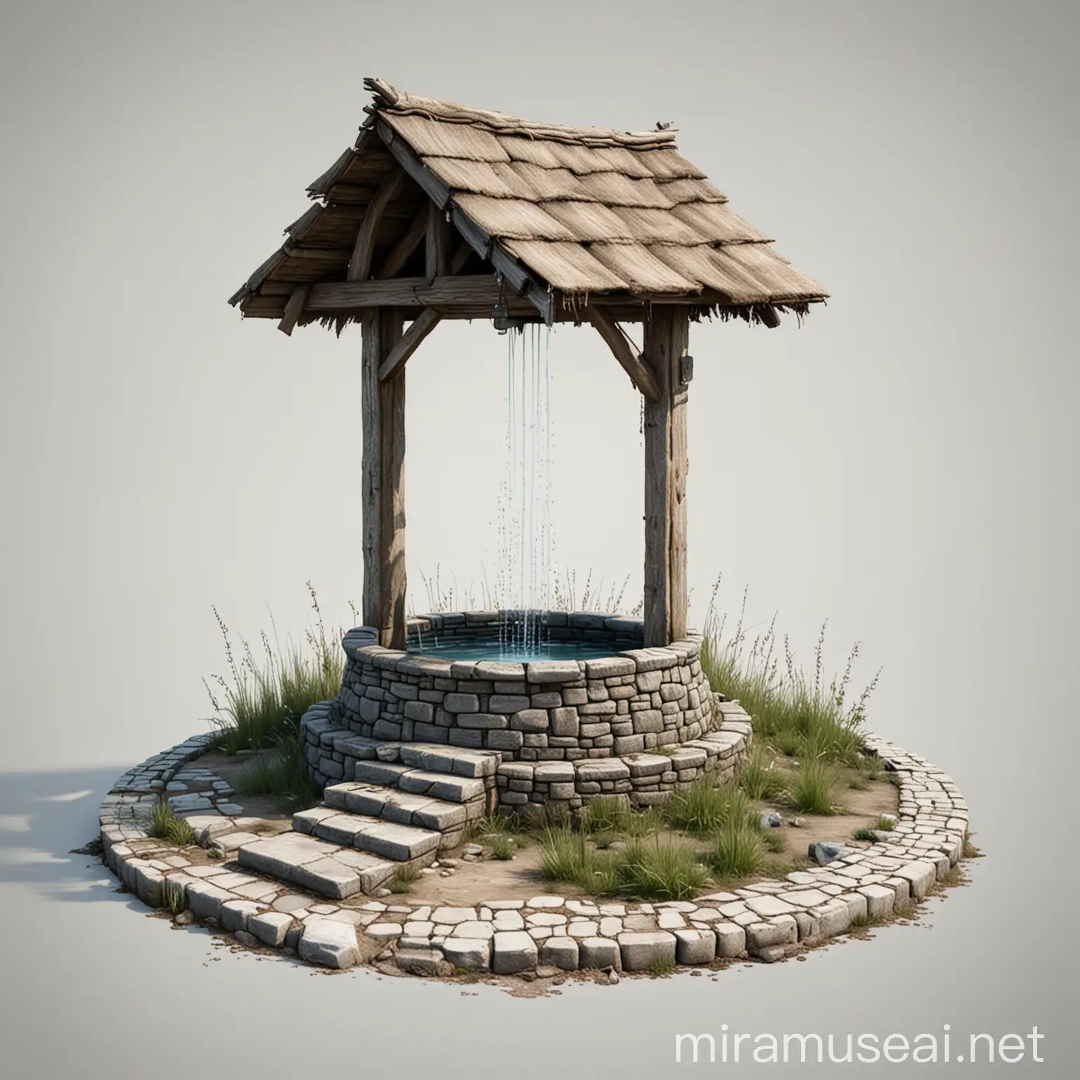 water well entry path fether like rendering , sketchfab, with 100% white background, sprite sheet, spread sheet of well cut well realistic drawing, in a front view prospective