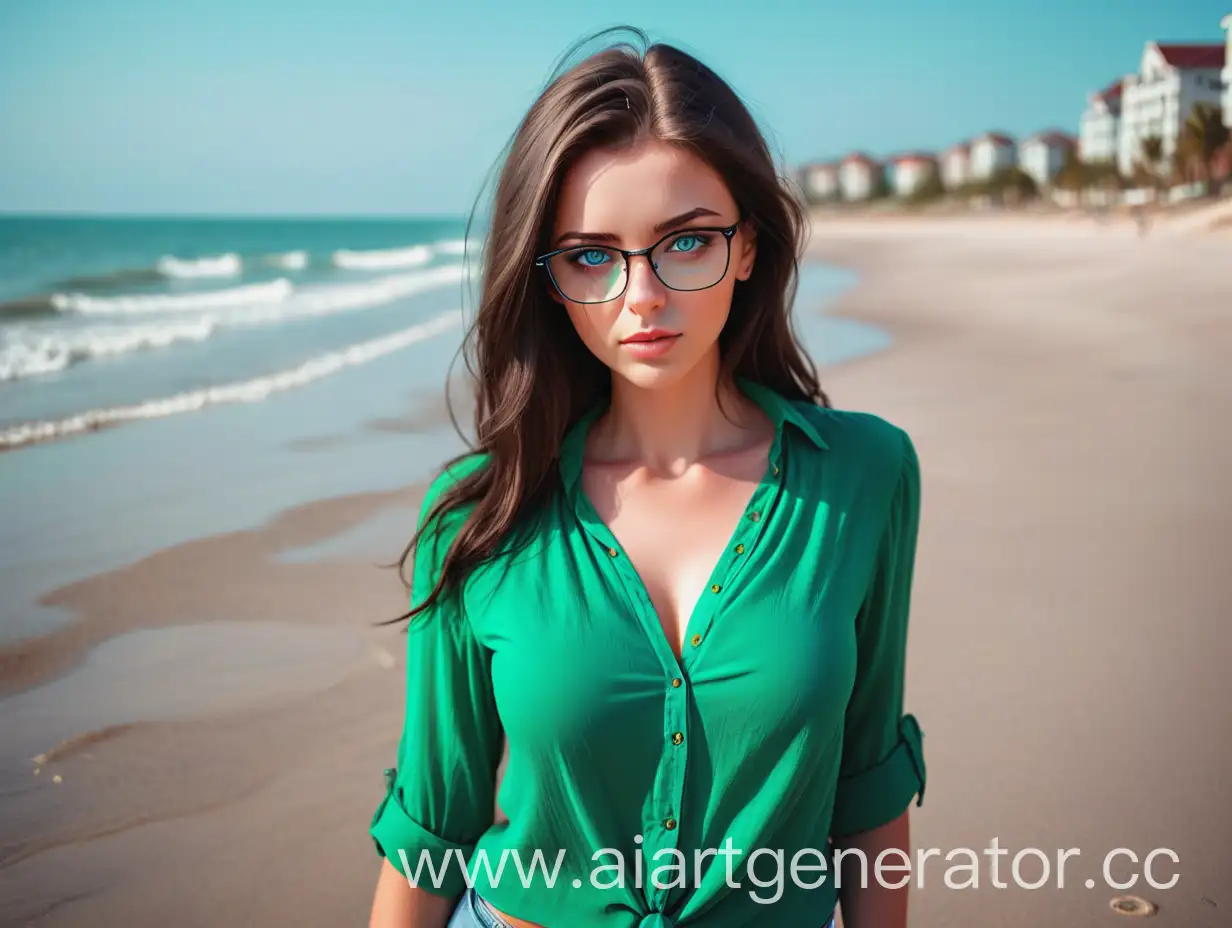 Красивая девушка синими глазами, темно коричневыми волосами и с большой грудью в зелёной рубашке стоит в очках на пляже