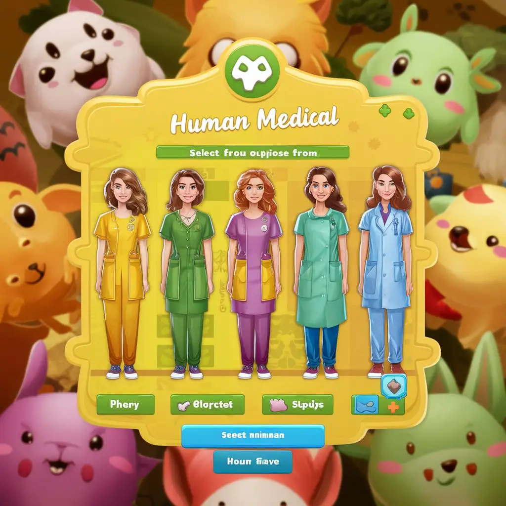 screenshot of a yellow-green colored animal medical game, where players can choose their own human owner character