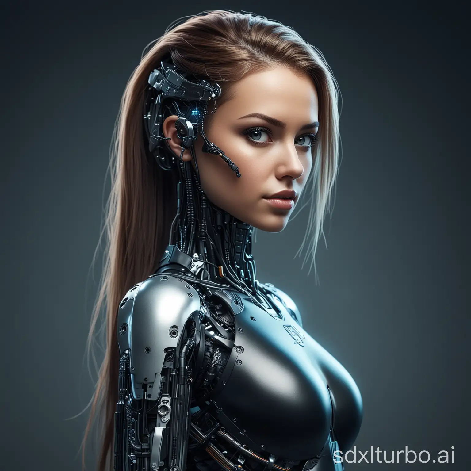 cybernetic style {A female hacker} . futuristic, technological, cybernetic enhancements, robotics, artificial intelligence themes
