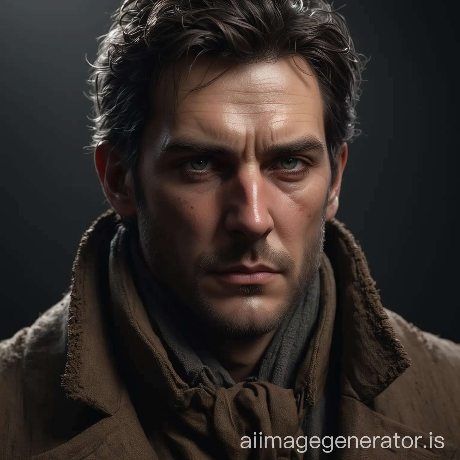 semi-realistic, Masterpiece, an award-winning shot of Man , Long coat, extremely detailed skin, extremely detailed face, (sharp focus:1.2), (deep shadows:1.1), high contrast, beautiful Sharp eyes, Legendary Heavenly, 8k, (high quality: 1.3), artstation hd, concept art, high detailed , award winning photography, (moody lighting:1.2), depth of field , face, 4K, HDR