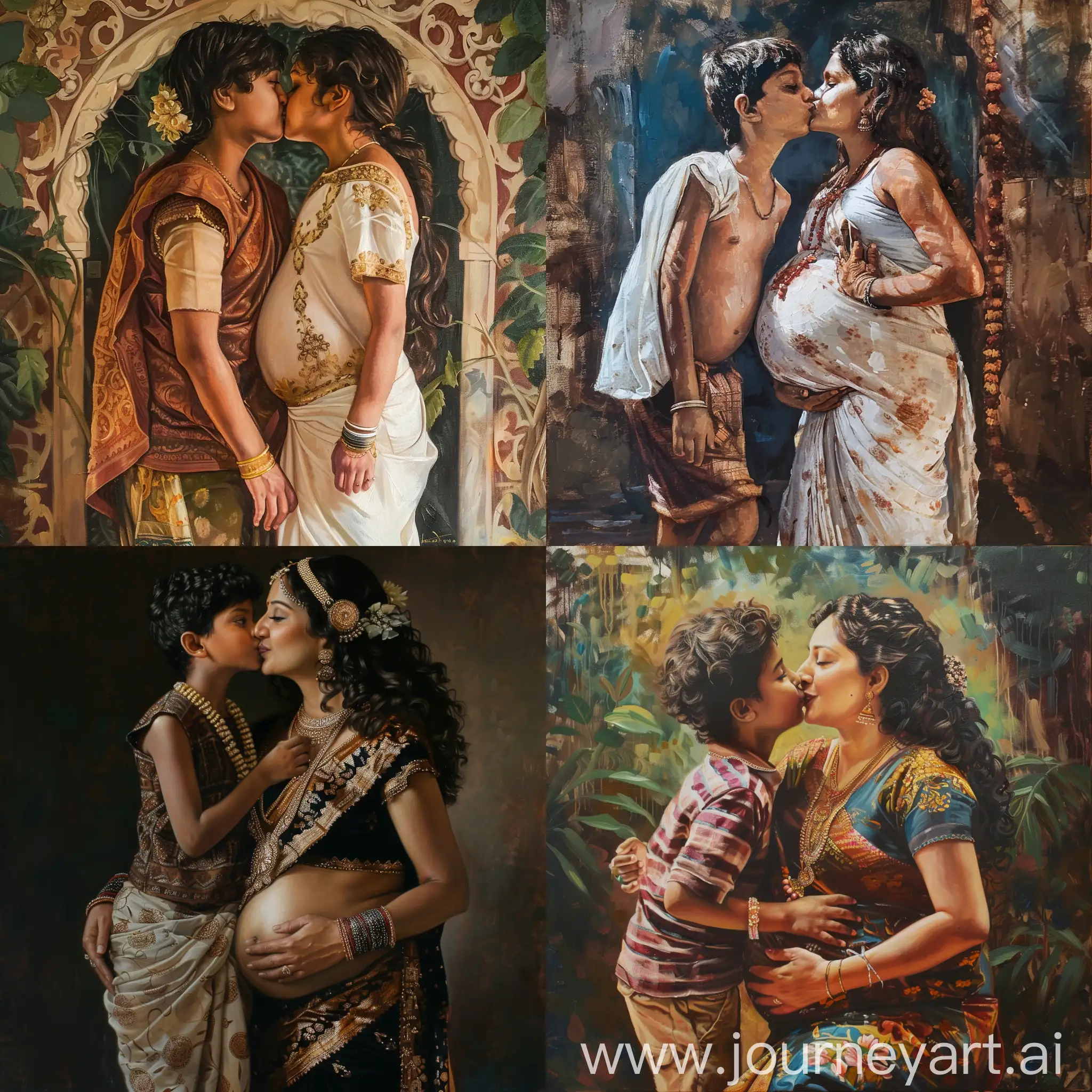 An aesthetic painting of a very beautiful and pregnant Malayali woman with her curious teenager son, Kissing cheek, Renaissance Painting, High quality, curvy, full body portrait