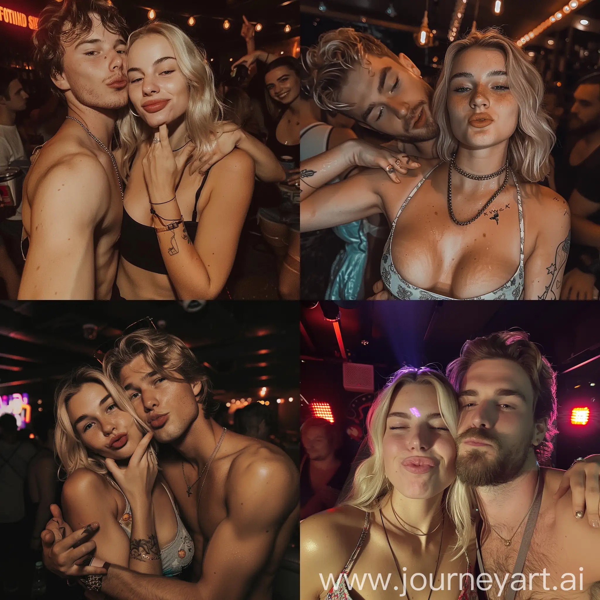 Aesthetic instagram selfie of a blonde woman in a party club crop-top getting hugged by her tall robust partner, she is doing the duck lips pose, her partner is grabbing her neck and smiling, the woman is beautiful and looks typically german , both are looking at the camera, sweaty and flirty