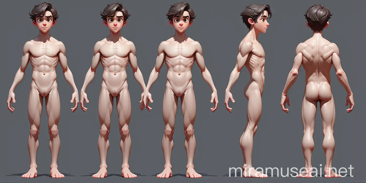 character model sheet, multiple views, orthographic, symmetrical, full body, arms outstretched, turnaround, facing toward the camera, facing to the right of the camera, facing away from the camera, boy, cute, nude