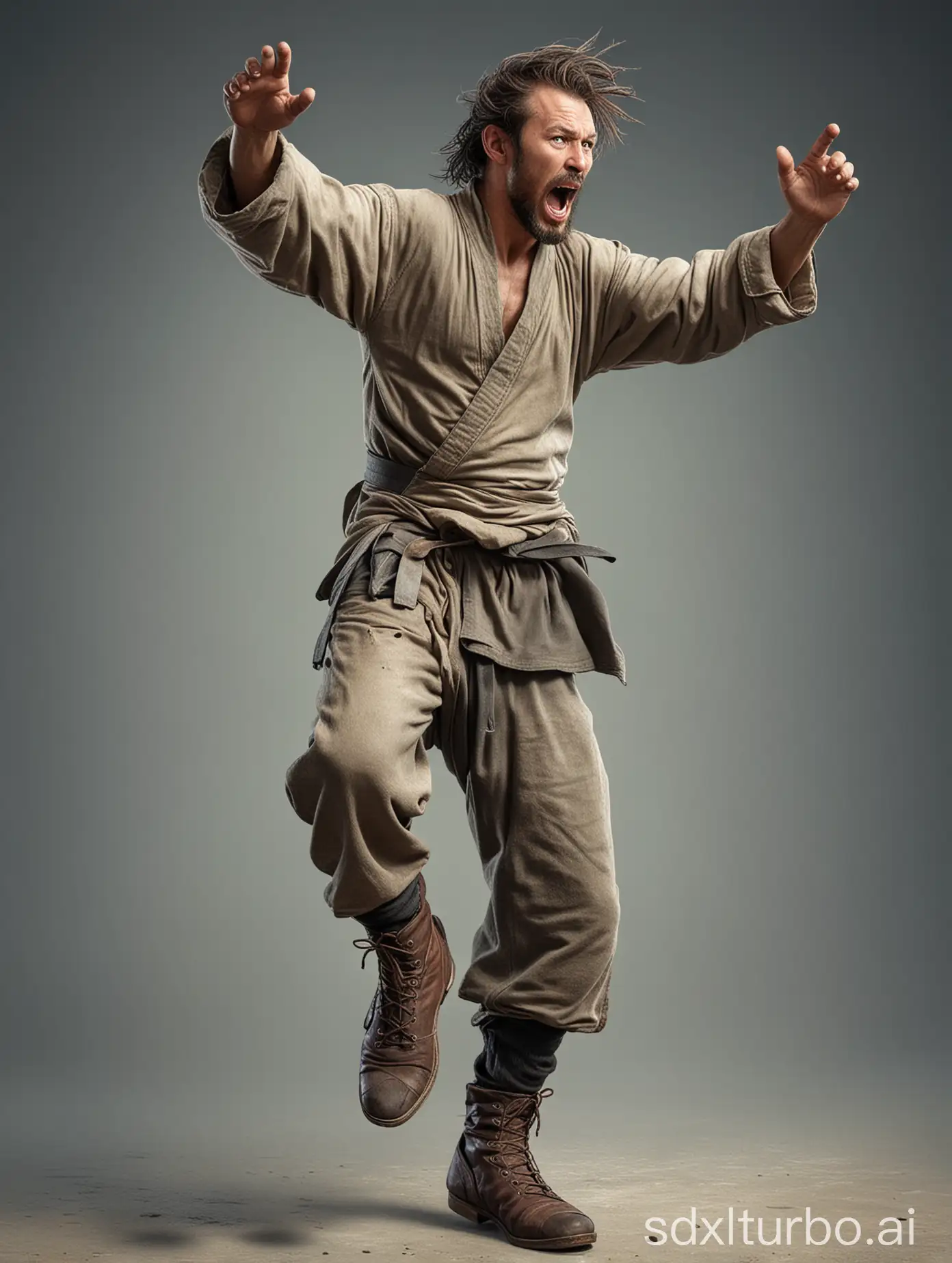 As crazy homeless madman in a full body portrait is doing rear back swinging  kung fu kick with his left boot high into the air. This is a photo realistic high resolution image with sharp clean subject focus