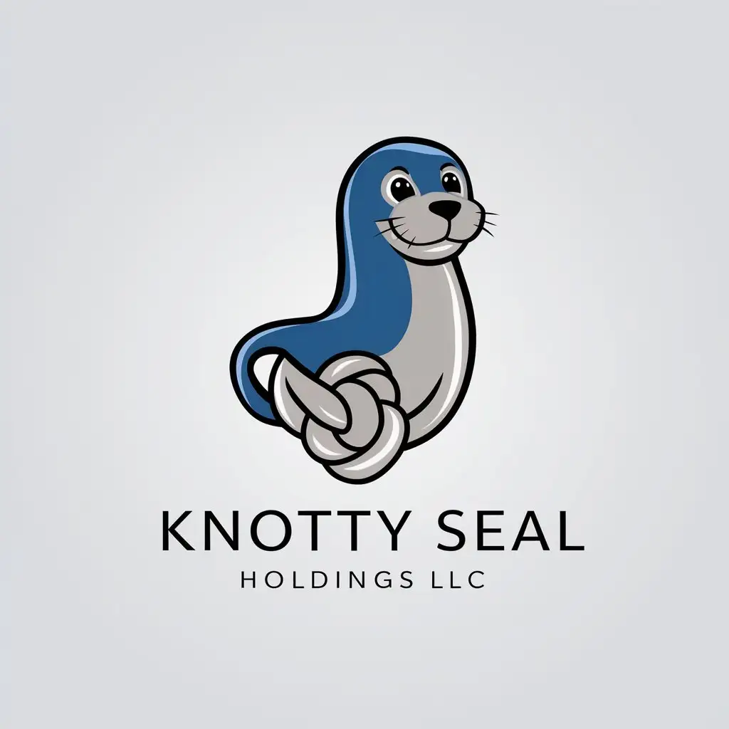 Create a logo for an agency named 'Knotty Seal Holdings' with the slogan 'L.L.C'. The logo should have a seal animal and a Monkey's Fist knot. The color scheme should be blue/gray and suitable for a white background. The design needs to be simple yet professional.