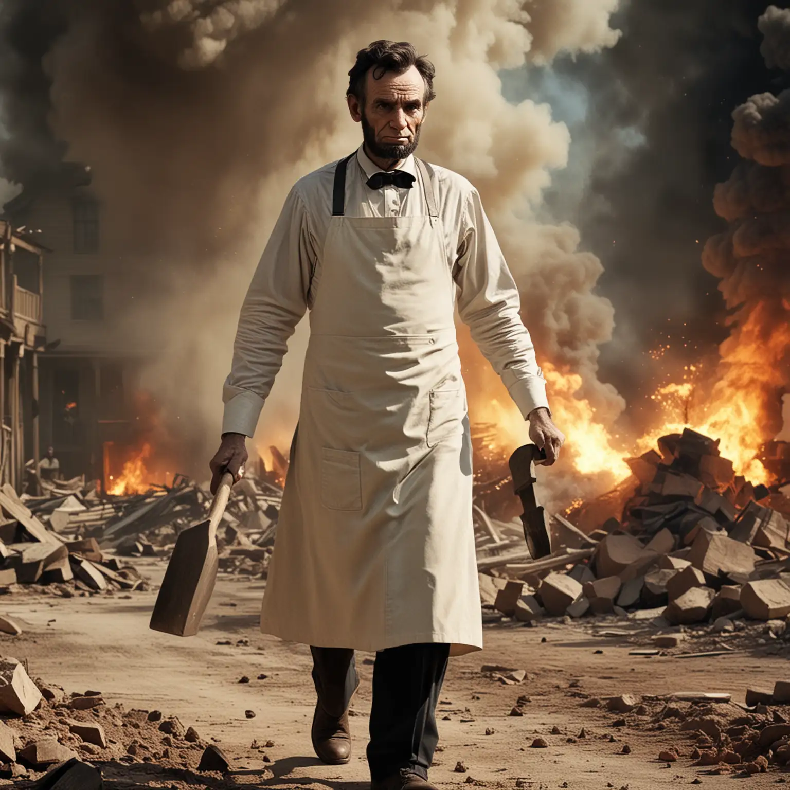 Abraham Lincoln Walking Away from Explosion with Axe in Color