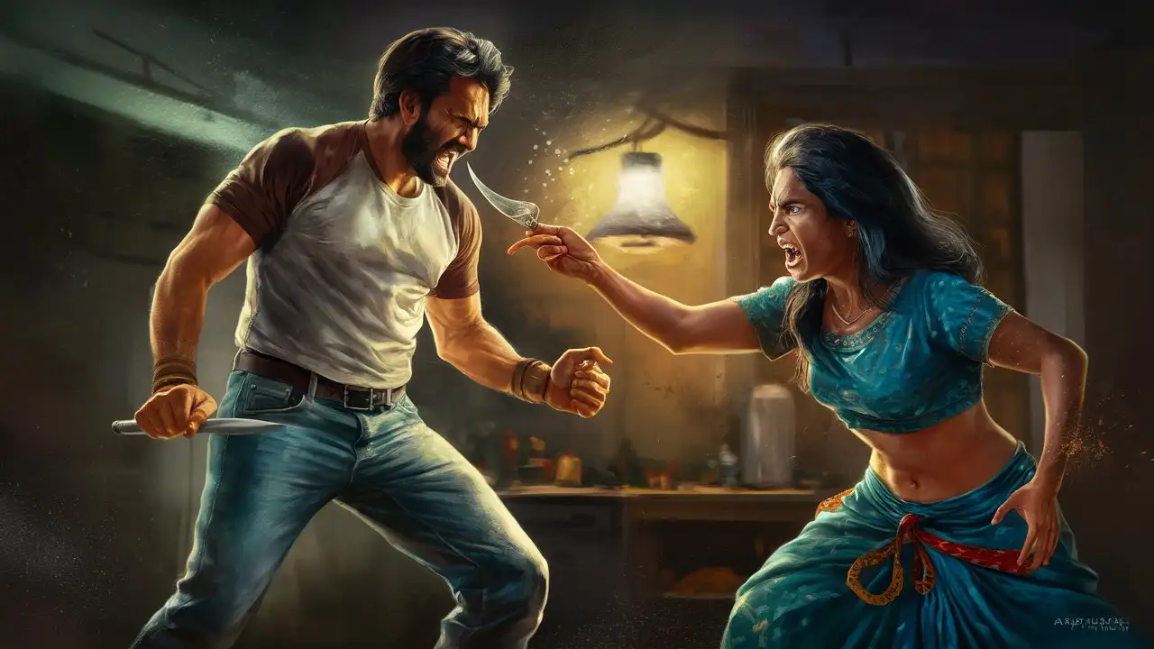 Angry Indian Man Confronting Woman with Knife in Dark Realistic Scene