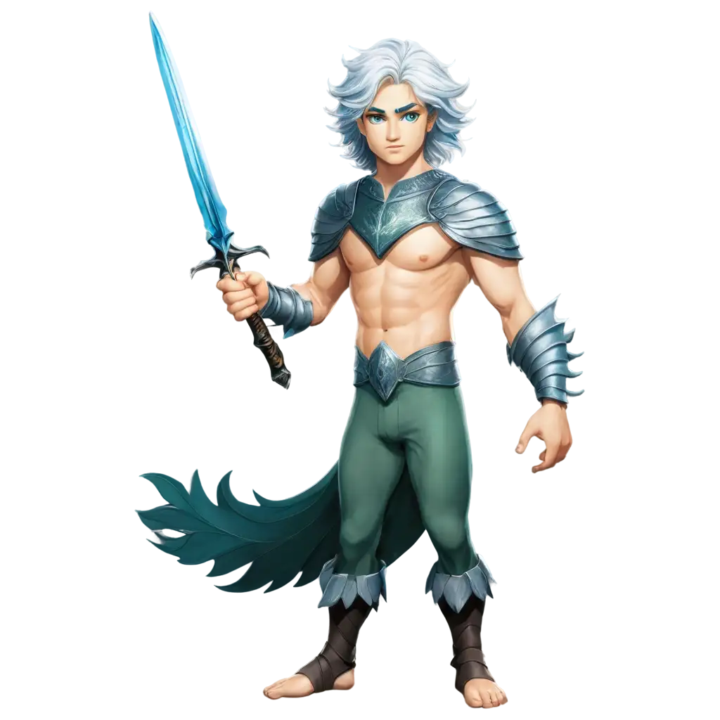 (animated cartoon), (linework), (original),(digital art), (flat illustration),Anime,Merman(humanoid), swordsman, male, tall, imposing, muscular, toned,short silver hair,large striking blue eyes,shimmering scales, blue-green mackerel scales covering body, chestplate, broadsword, intricate blade designs, experienced swordsman,holding swords,wide angle camera