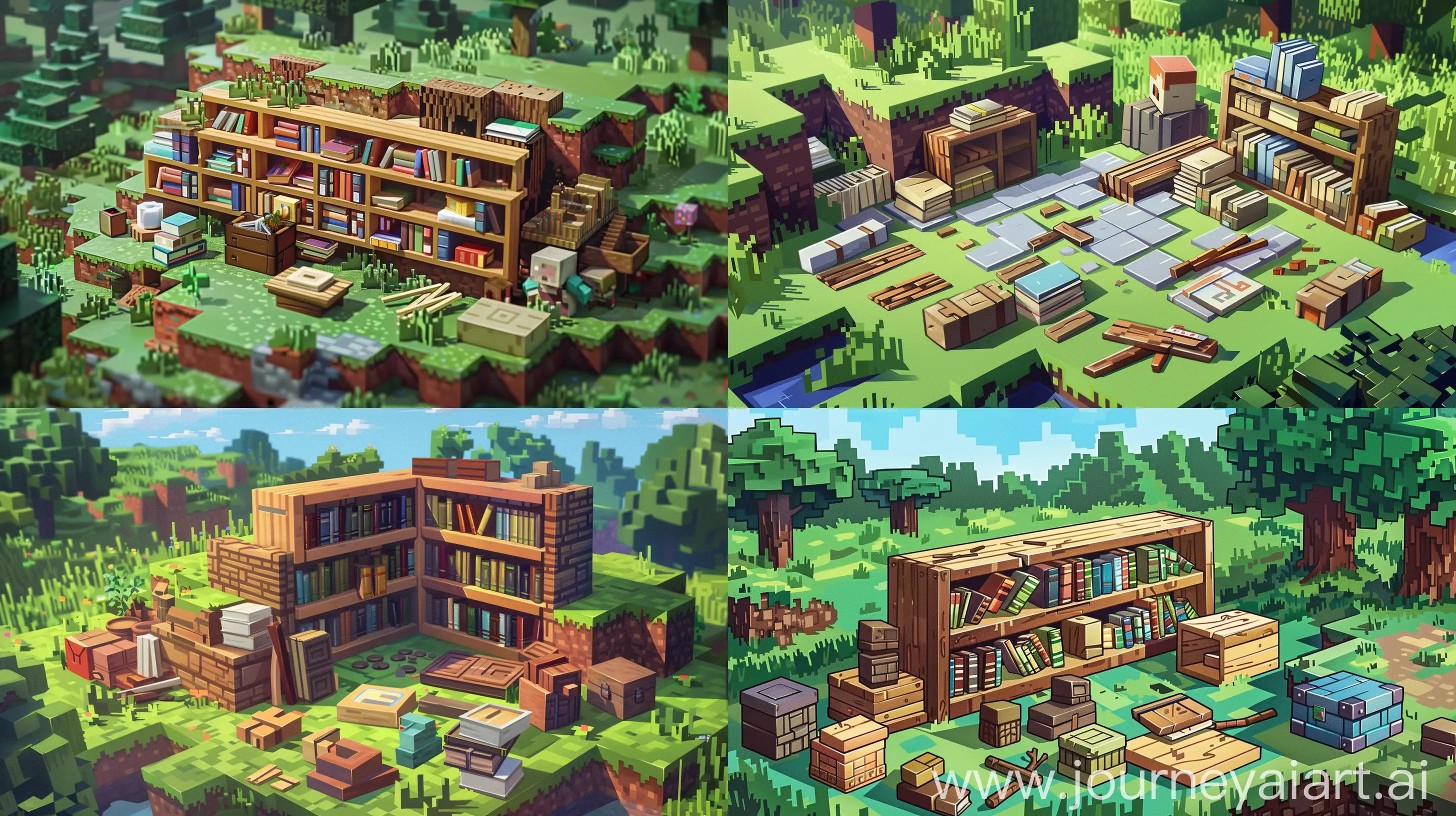 An intricate illustration portraying the step-by-step process of crafting a bookshelf in a Minecraft world. The scene depicts a character meticulously selecting a suitable location within the blocky landscape, considering factors like terrain and aesthetics. They gather various materials, including wood planks, sticks, and books, each item meticulously detailed to capture its Minecraft essence. With careful precision, the character begins constructing the foundation of the bookshelf, placing blocks in a strategic arrangement to ensure stability and functionality. The environment exudes the signature pixelated charm of the Minecraft universe, with lush grass, towering trees, and rolling hills in the background, hinting at the expansive possibilities of the virtual realm. The illustration seamlessly combines elements of creativity, craftsmanship, and exploration intrinsic to the Minecraft experience, inviting viewers to embark on their own crafting adventures. --ar 16:9 