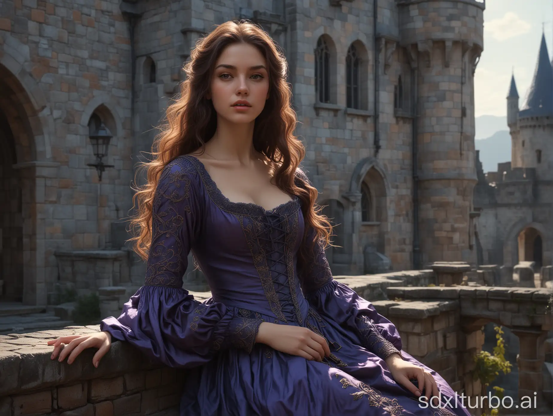 A beautiful girl in her twenties, with long black hair, slightly curly at the ends, wearing a medieval monotone dark blue dress with large bodice and long sleeves , and a russet-haired stunning young woman wearing a light purple medieval dress chat friendly in the castle, perfect composition, beautiful detailed intricate insanely detailed octane render trending on ArtStation, 8k, photorealistic concept art, soft natural volumetric cinematic perfect light, chiaroscuro, masterpiece, Greg Rutkowski 
