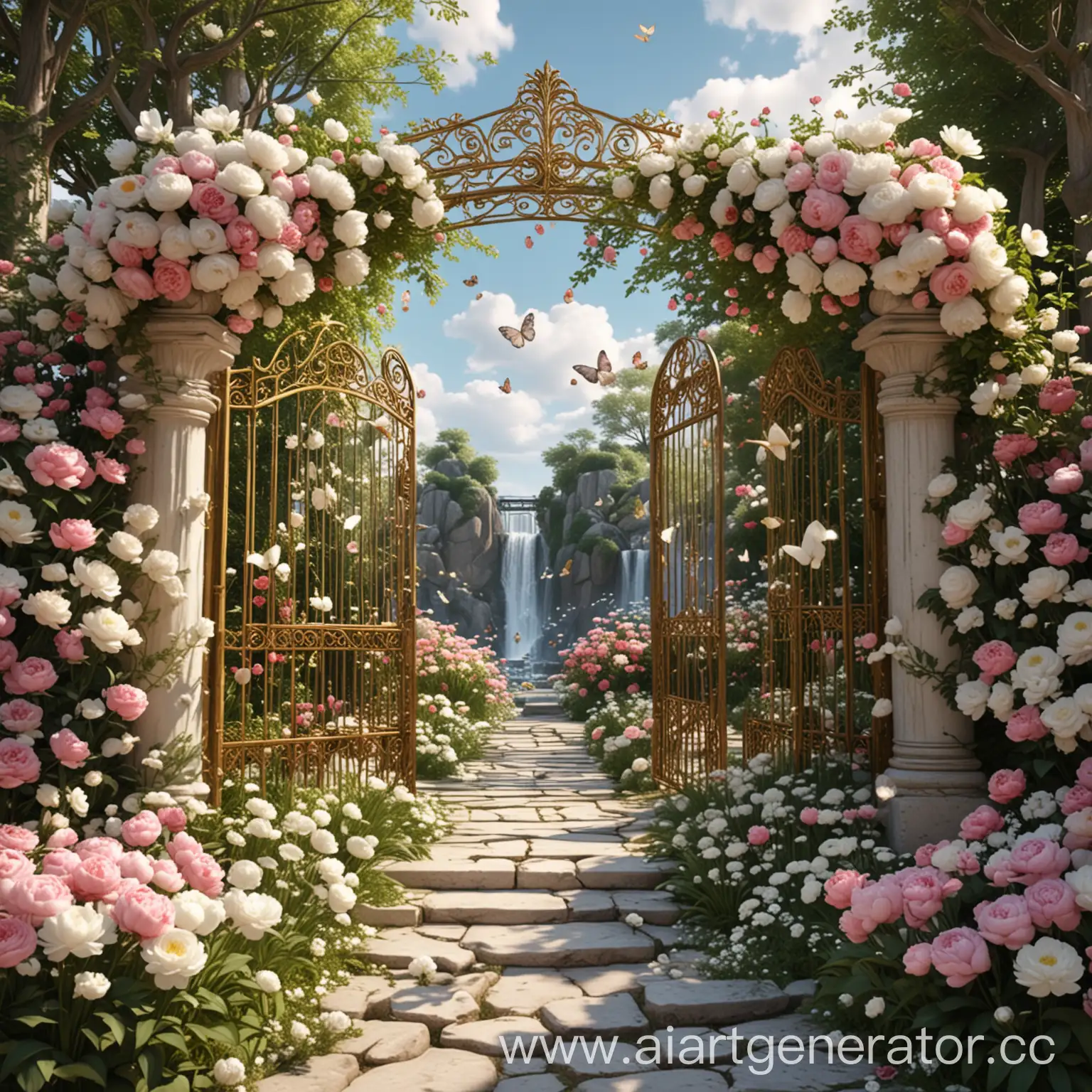 Make a heaven garden with the golden Gates with the  huge title Luxury ,with white butterflies full of white and pink peonies and ranunculus and waterfalls , make it with 8k and best ever quality and most realistic ever
