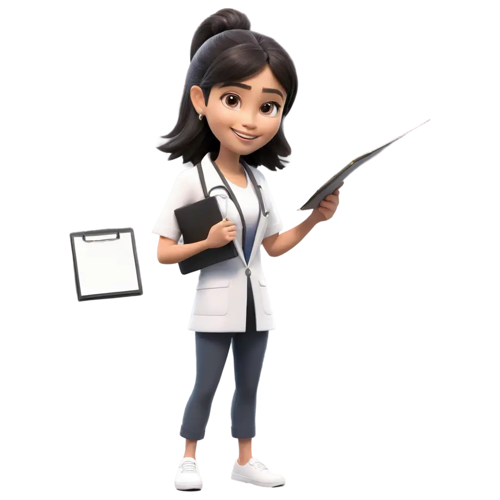 3d character asian girl doctor holding clipboard