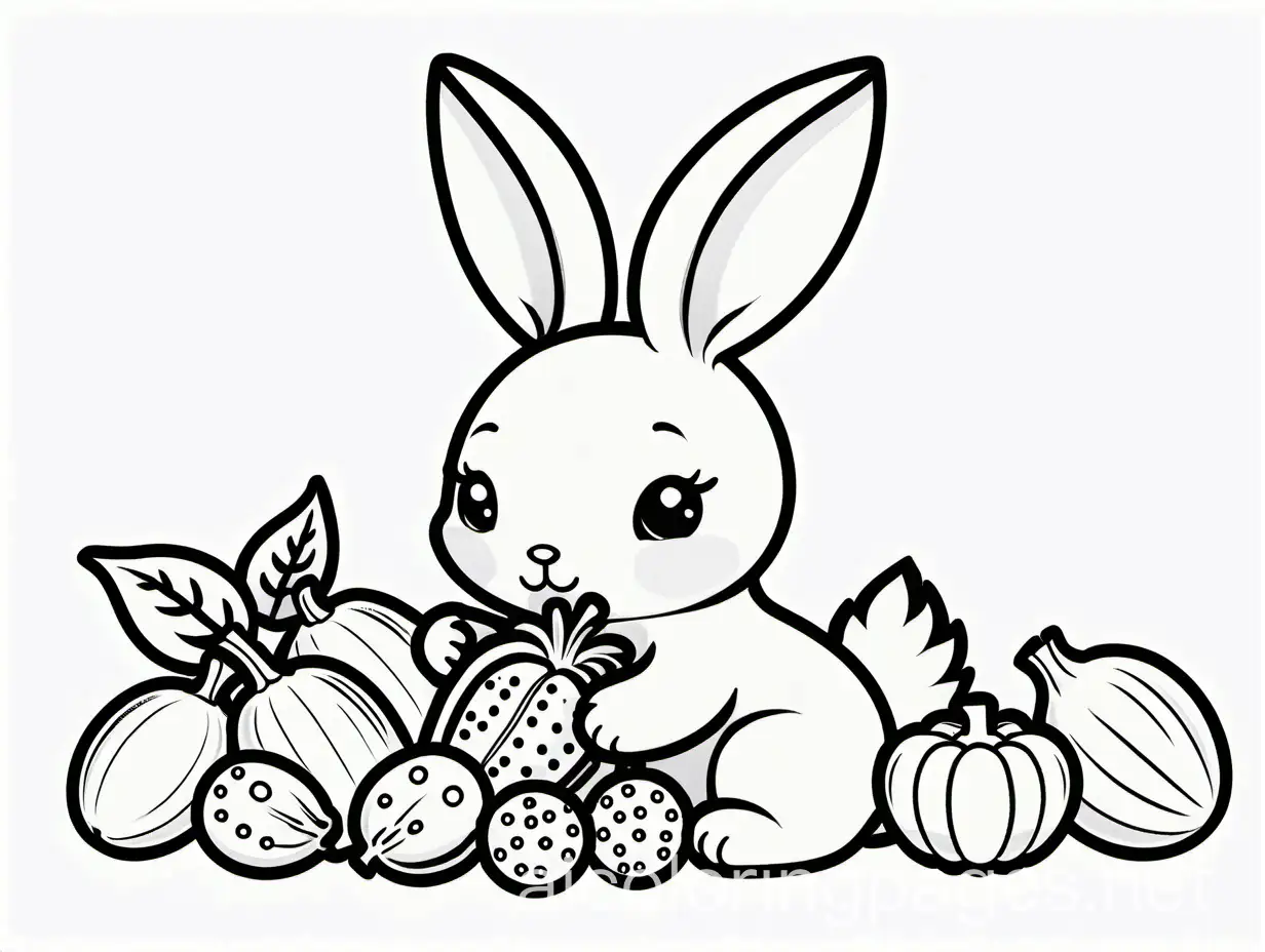 cute bunny eating vegetables, Coloring Page, black and white, line art, white background, Simplicity, Ample White Space. The background of the coloring page is plain white to make it easy for young children to color within the lines. The outlines of all the subjects are easy to distinguish, making it simple for kids to color without too much difficulty
