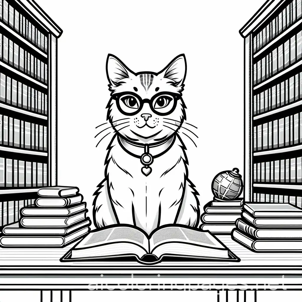 A cat librarian, Coloring Page, black and white, line art, white background, Simplicity, Ample White Space. The background of the coloring page is plain white to make it easy for young children to color within the lines. The outlines of all the subjects are easy to distinguish, making it simple for kids to color without too much difficulty
