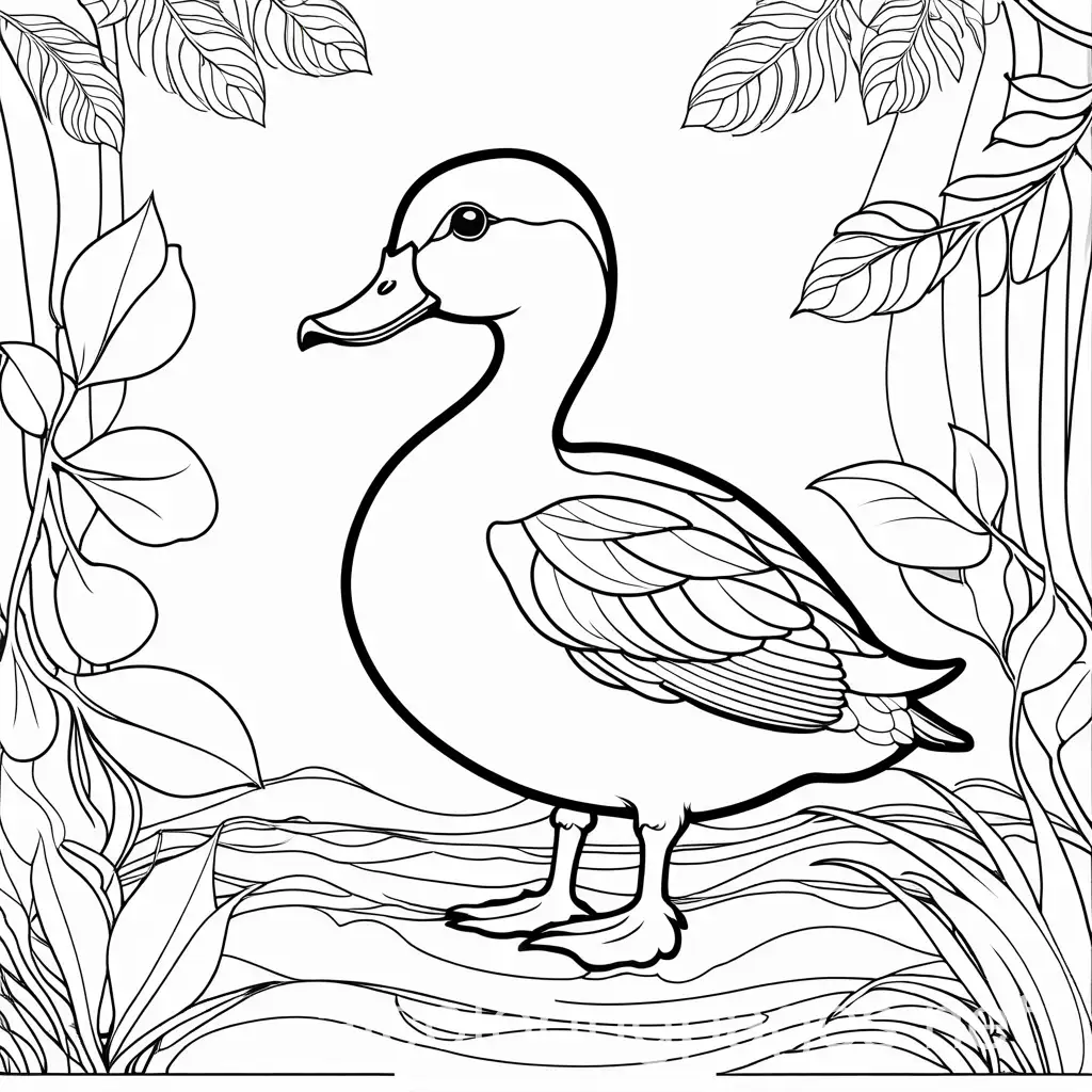 cute big eyed duck with leaves background, Coloring Page, black and white, line art, white background, Simplicity, Ample White Space. The background of the coloring page is plain white to make it easy for young children to color within the lines. The outlines of all the subjects are easy to distinguish, making it simple for kids to color without too much difficulty