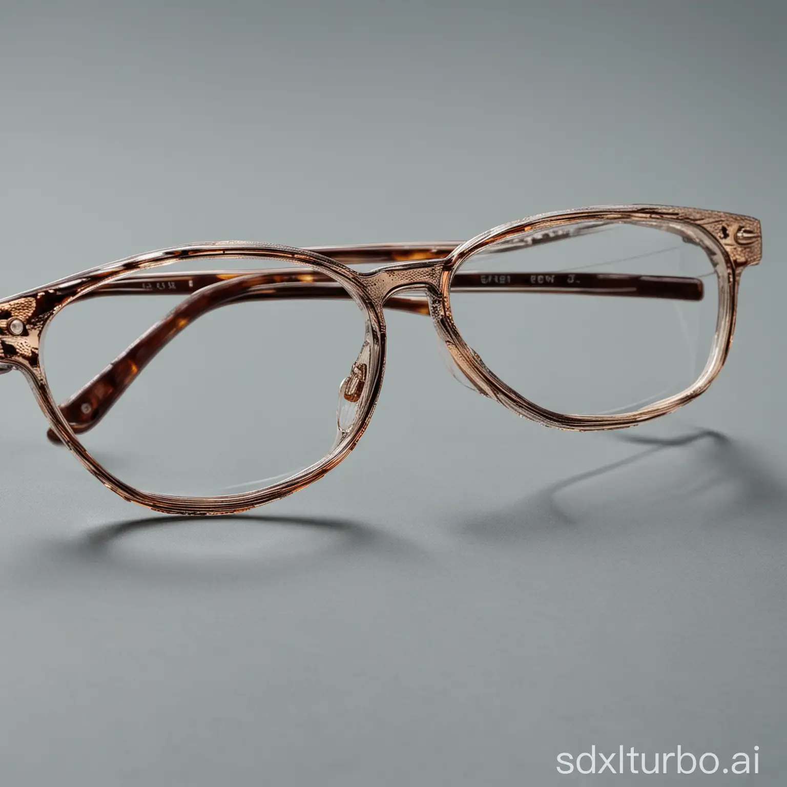 A close-up of a pair of stylish eyeglasses or sunglasses. The eyeglasses or sunglasses are made of a shiny, high-quality metal and have a classic design with a thin frame. The lenses are a clear, non-reflective glass.