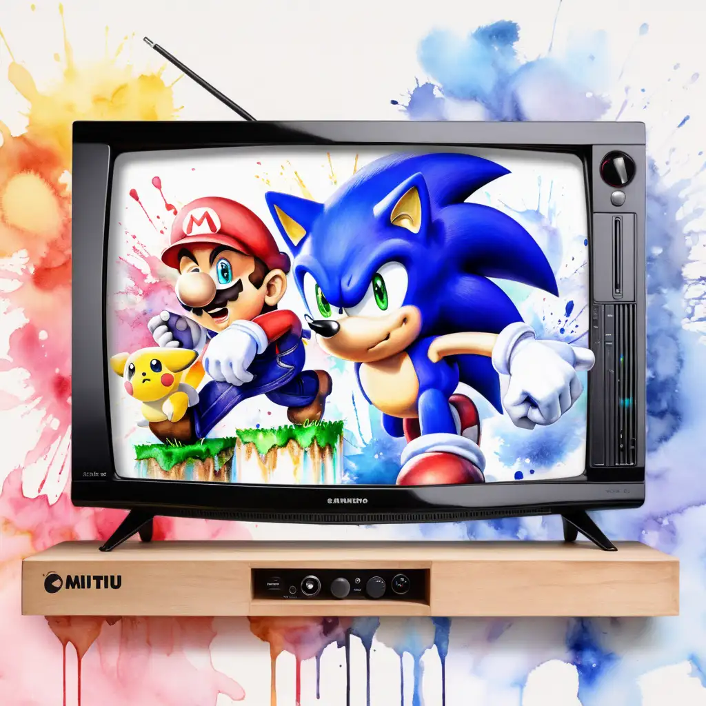 En tv som det strömmar sonic, super Mario, pokemon ur , med vattenfärg 