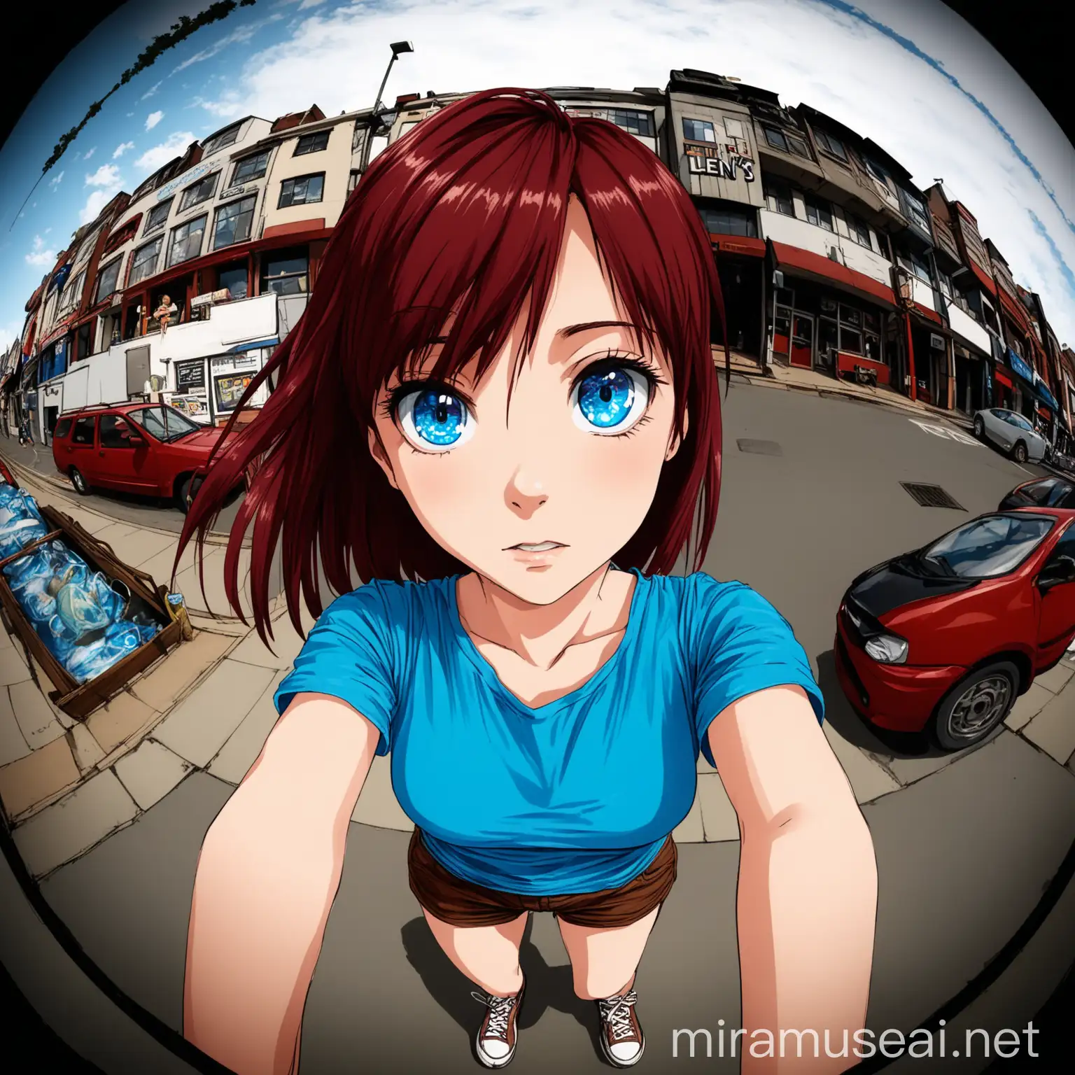  a girl with dark red hair and blue eyes. She as Blue t shirt and brown shorts.
Fish eye Len's of view