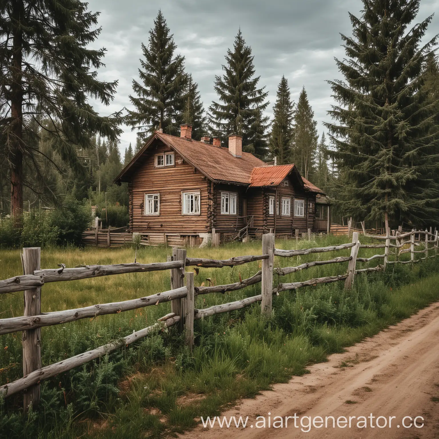 Rural-Russian-Country-House-with-Fir-Tree-and-Wooden-Fence