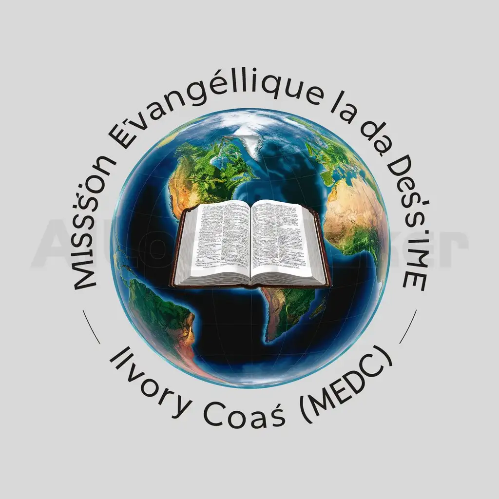 a logo design,with the text "Earth globe, Bible inscription", main symbol: Rotating globe with a Bible open in its center, surrounded by the words "Mission Évangélique la Destinée - Ivory Coast (MED-CI)"

Note: I have translated only the non-English parts of your input while leaving the English parts unchanged, as per the instructions.,complex,be used in Education industry,clear background
